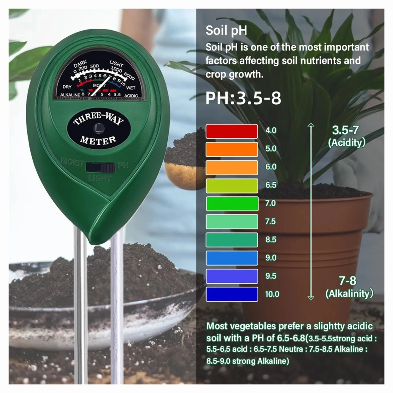 Medidor De Humedad Medidor De Ph Del Suelo Monitor De Humedad Solar Jardín Tierras De Cultivo Plantación Flor Acidez Probador Del Suelo(Green)