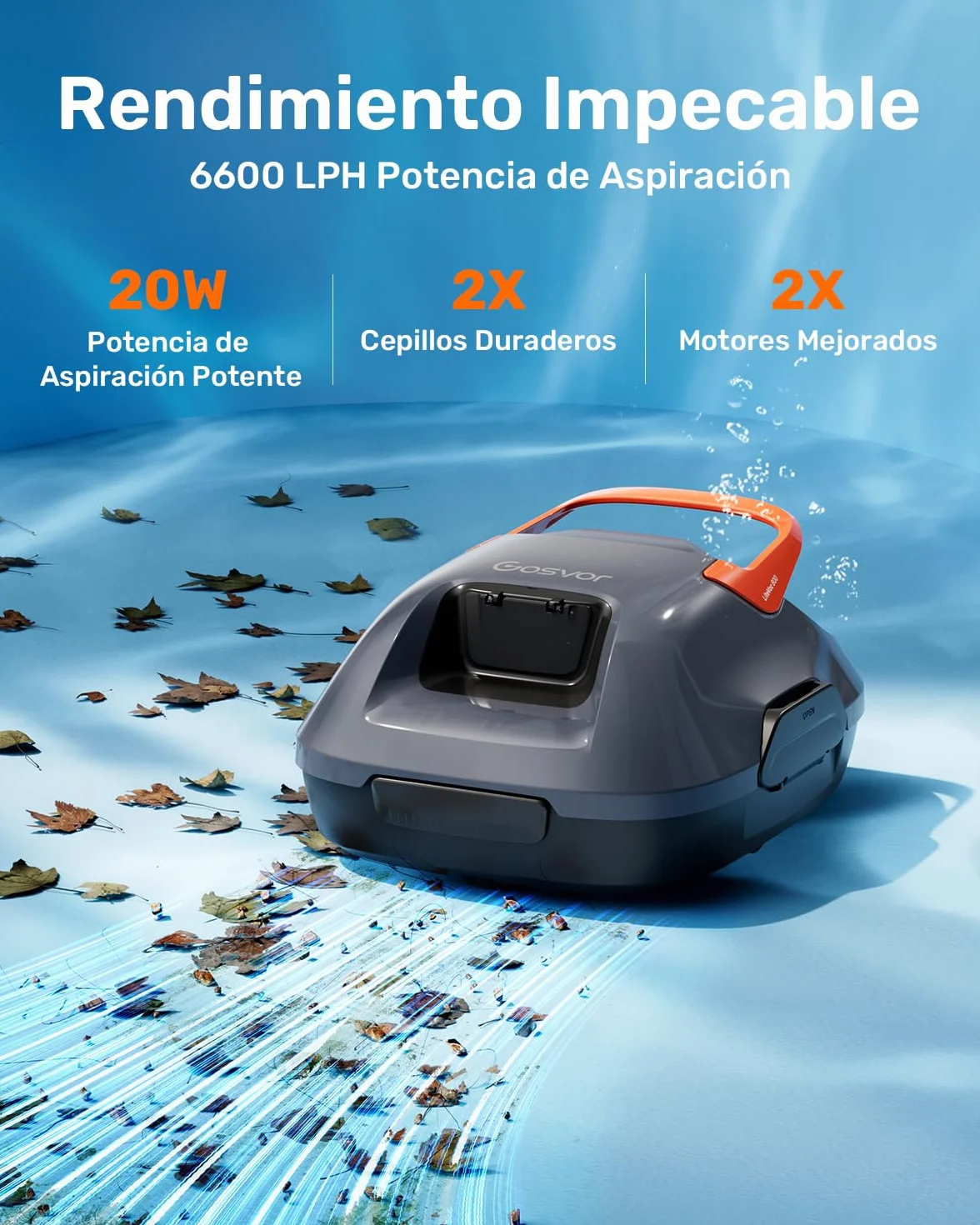 Gosvor Robot Limpiafondos Piscina Inalámbrico 90 Min Autonomía Autoestacionamiento 80m² Gris-Naranja