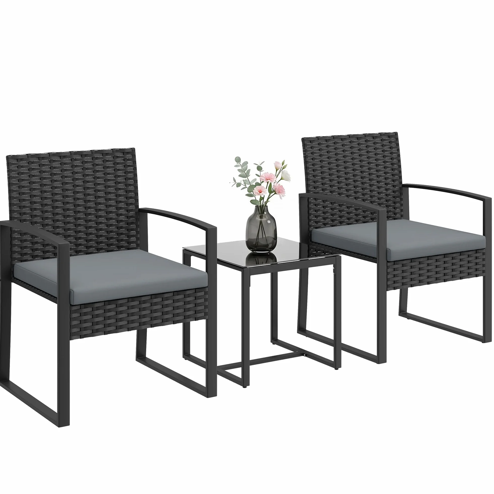 Outsunny Conjunto de Jardín Exterior de 3 Piezas, Muebles Jardín Exterior de Ratán con 2 Sillas con Cojines Lavables y Mesa de Vidrio Templado, Resistente a Intemperie, para Balcón, Patio, Gris Claro