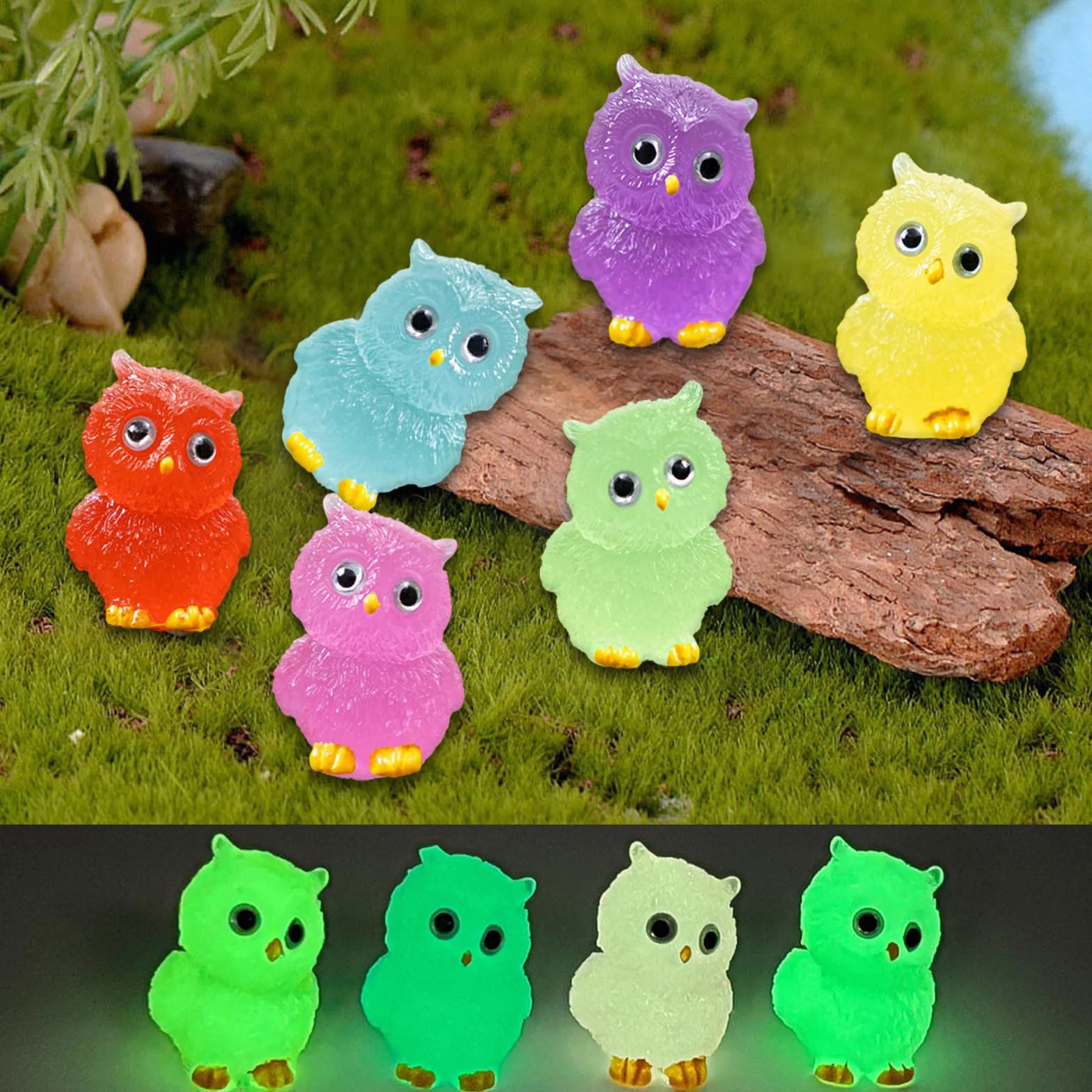 Mini animales luminosos, 30 unidades de mini búhos de resina, 6 colores, pequeñas figuras de búhos, figuras de resina, pequeñas adecuadas para casa de muñecas, paisaje, jardín, plantas