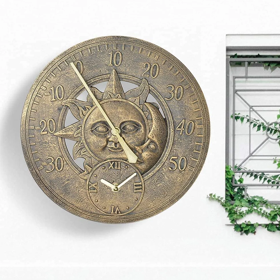 Termómetro de jardín analógico de pared bronce sol y luna 30 cm vintage resistente intemperie estación meteorológica