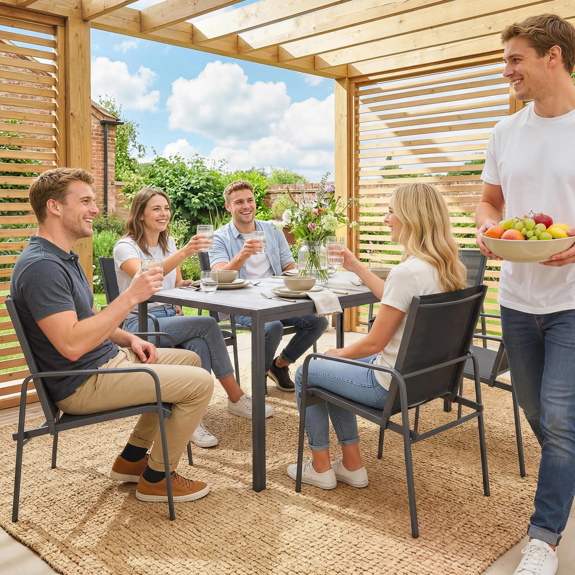Outsunny Conjunto de Mesa y Sillas Jardín de 7 Piezas, Muebles de Jardín Exterior con Mesa de Efecto Madera y 6 Sillas con Asiento Transpirable, Marco de Acero Galvanizado, para Terraza, Patio, Negro