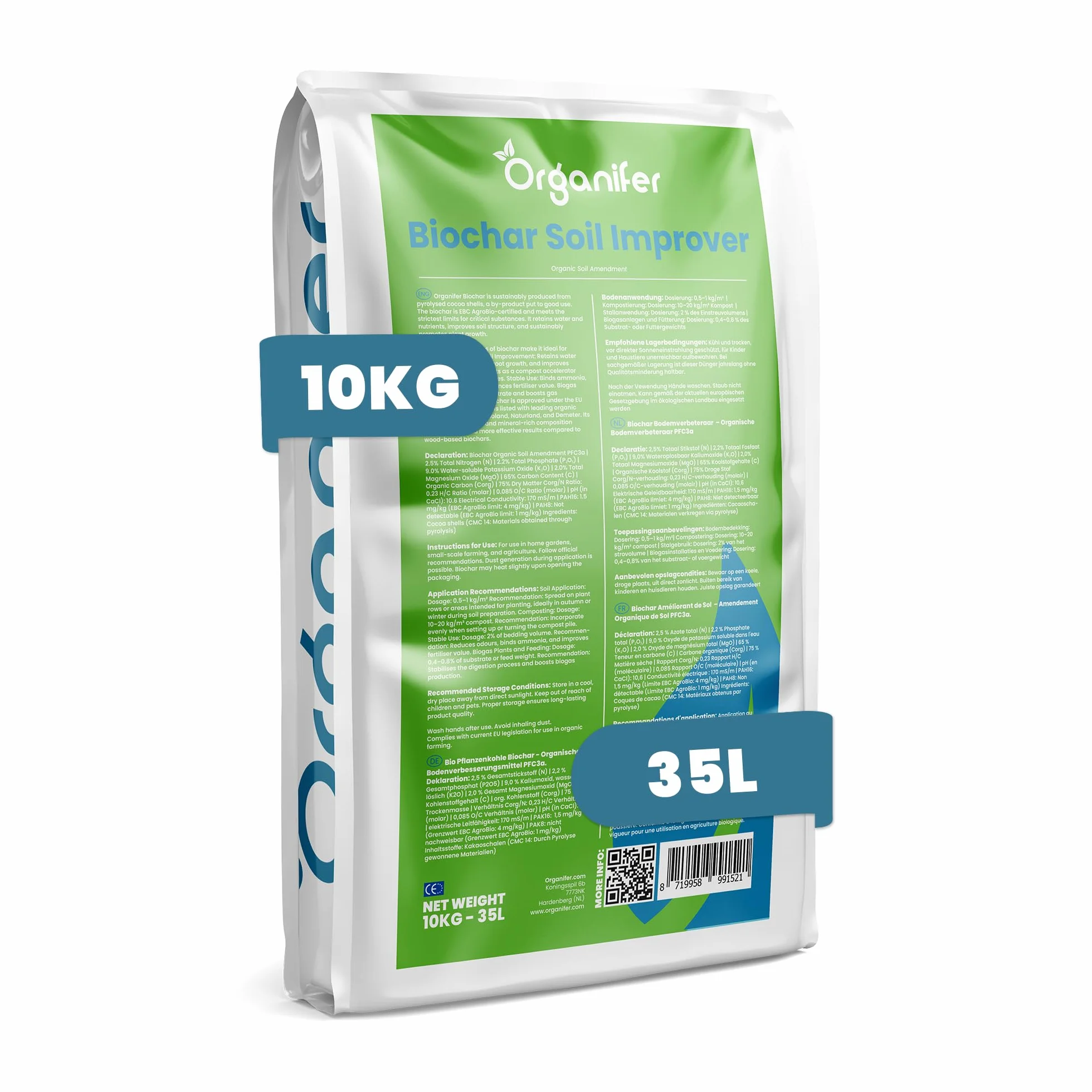 Mejorador De Suelos Con Biocarbón - 10 Kg = 35 L - Biocarbón De Cáscara De Cacao - 65% De Carbono Orgánico Para Retención De Agua, Fertilidad Y Sostenibilidad - Organifer | Carbón vegetal De Tapas De Cacao - Organifer
