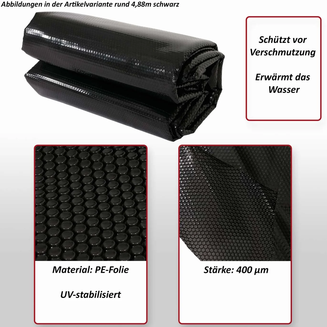Cubierta solar para piscina 400 µm ovalada 7,31 x 3,65 m negro