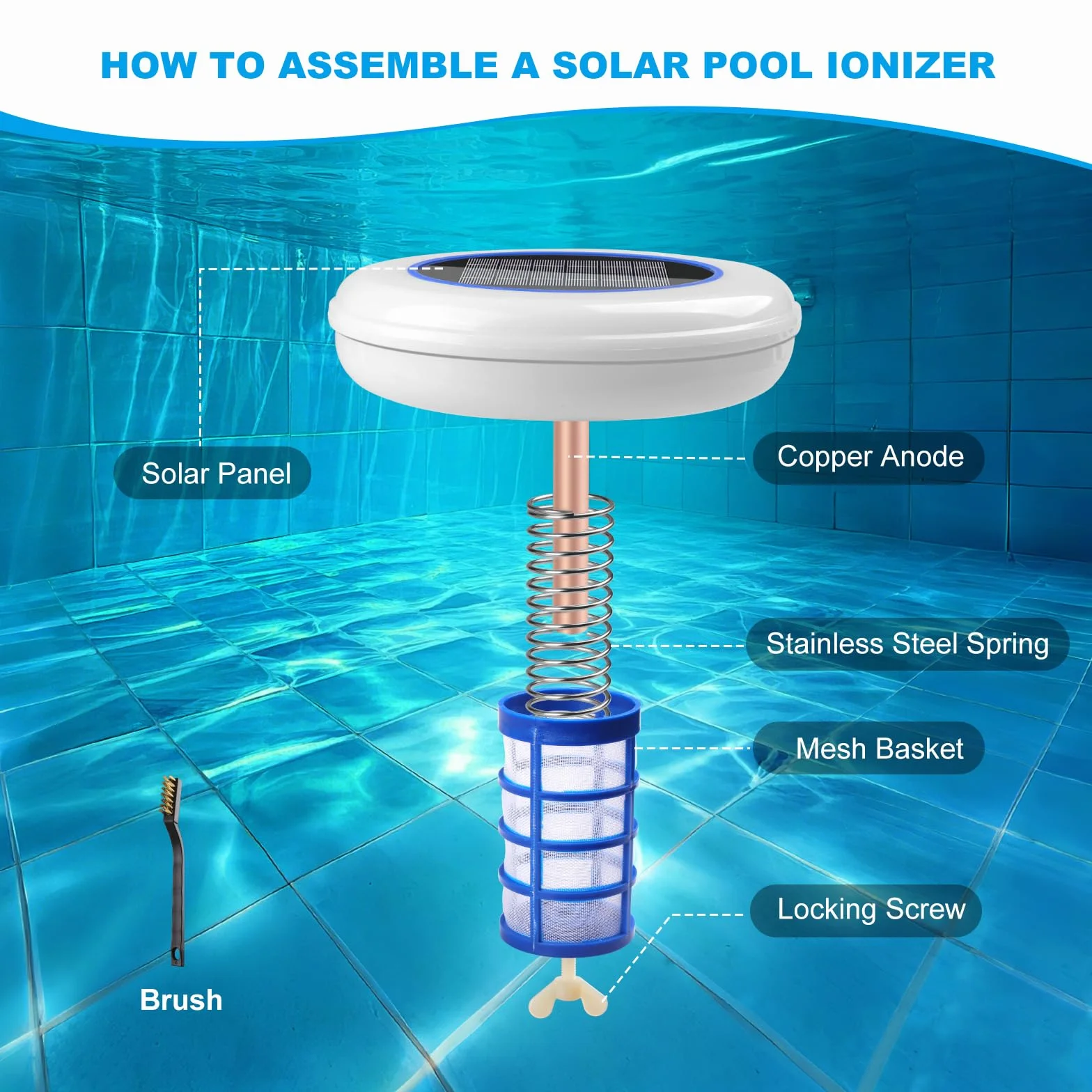 Ionizador Solar para Piscina, Depuradora Solar 35.000 Galones, Cobre y Plata con Cepillo y Tiras de Prueba