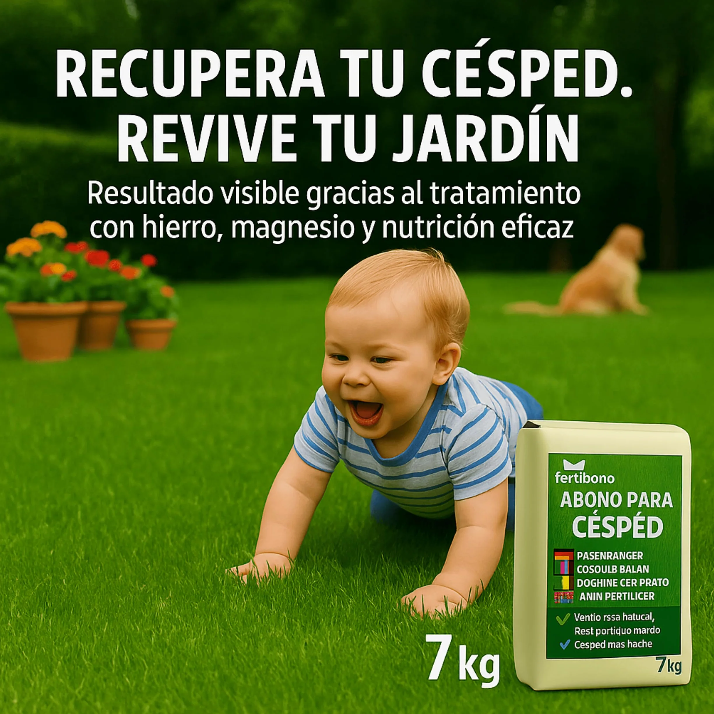 FERTIBONO Abono Césped 7kg NPK Magnesio Hierro Manganeso Azufre Hasta 280 m2