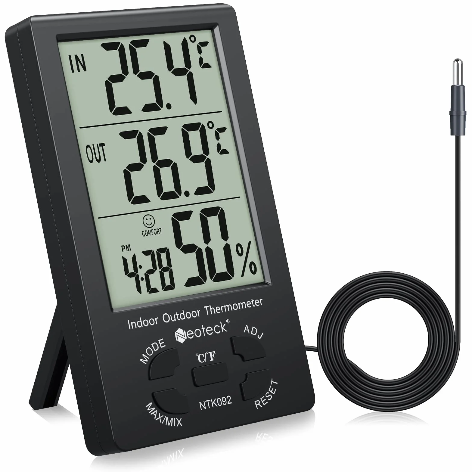 Neoteck Termometro Higrometro Digital LCD Interior Exterior con Cable Sensor 1,5m Medidor de Temperatura Humedad Min Max