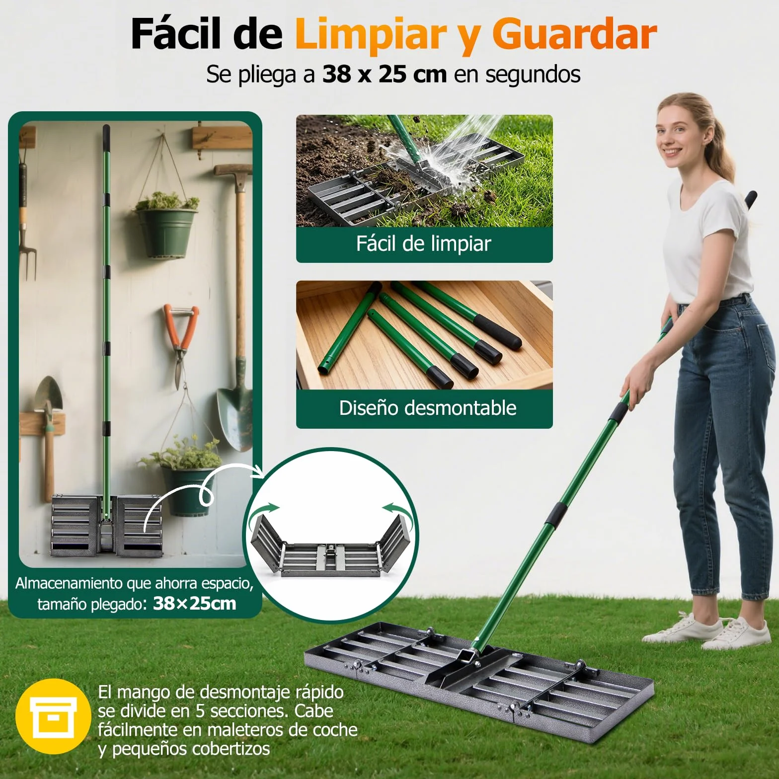 Rastra de nivelación para césped 76x25 cm, mango ajustable 84-196 cm, plegable jardín
