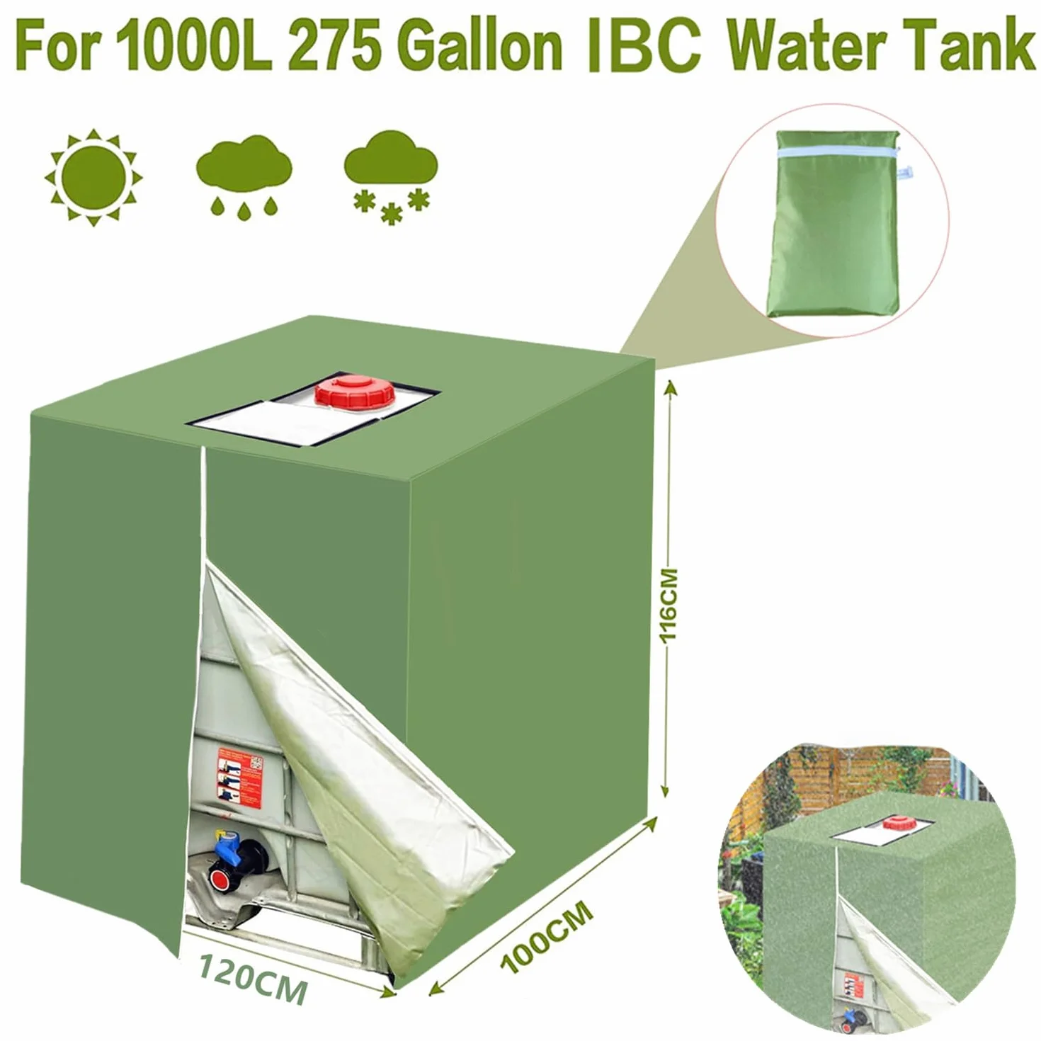 Toldo para depósito IBC 1000 L protección UV a prueba de polvo 116 x 100 x 120 cm verde hierba