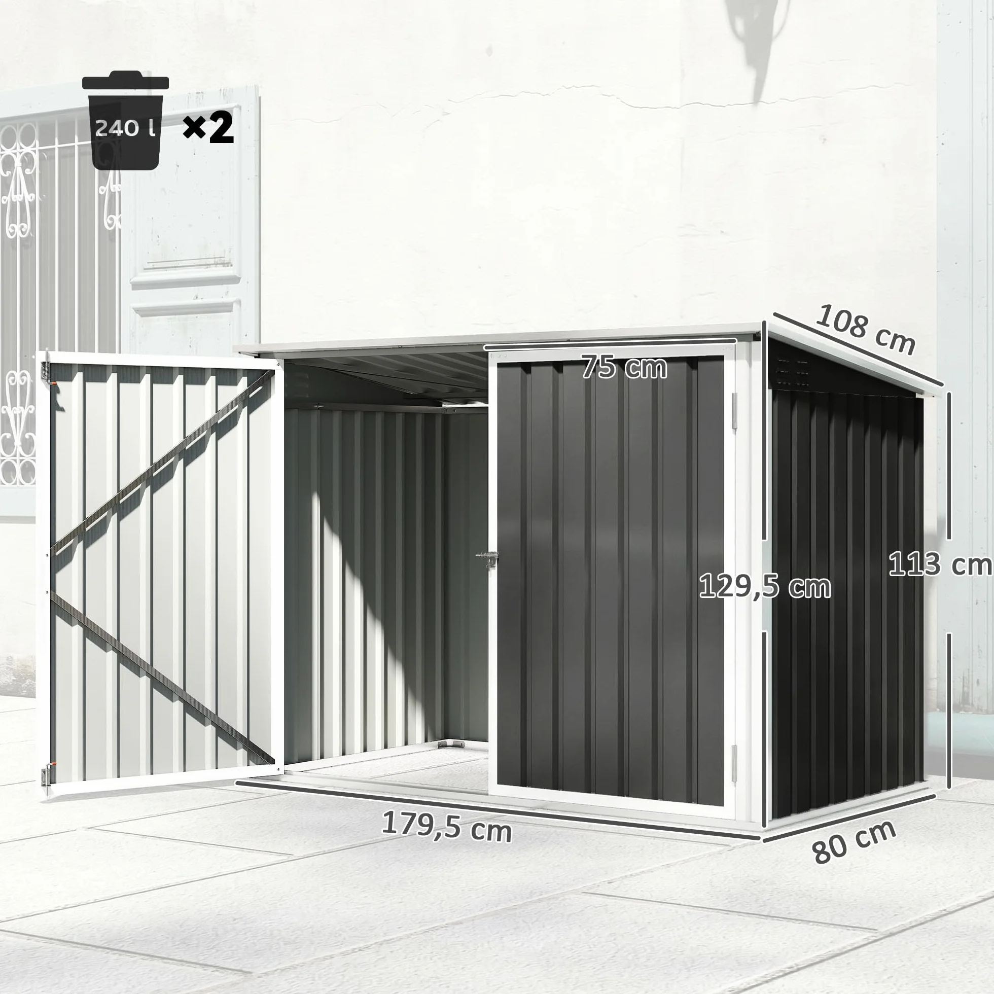 Outsunny Cobertizo para Contenedor de Basura Doble, Acero Galvanizado, 179.5x108x129.5 cm, Gris Oscuro