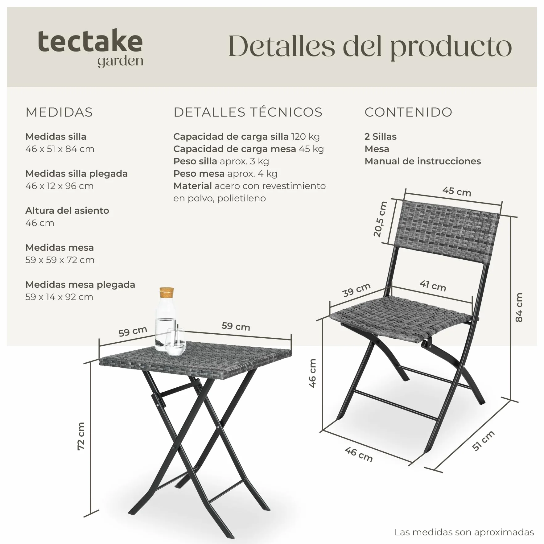 tectake Conjunto Jardín Exterior de Ratán y Acero para 2 Personas, Muebles Resistentes a Intemperie, Plegable, Gris