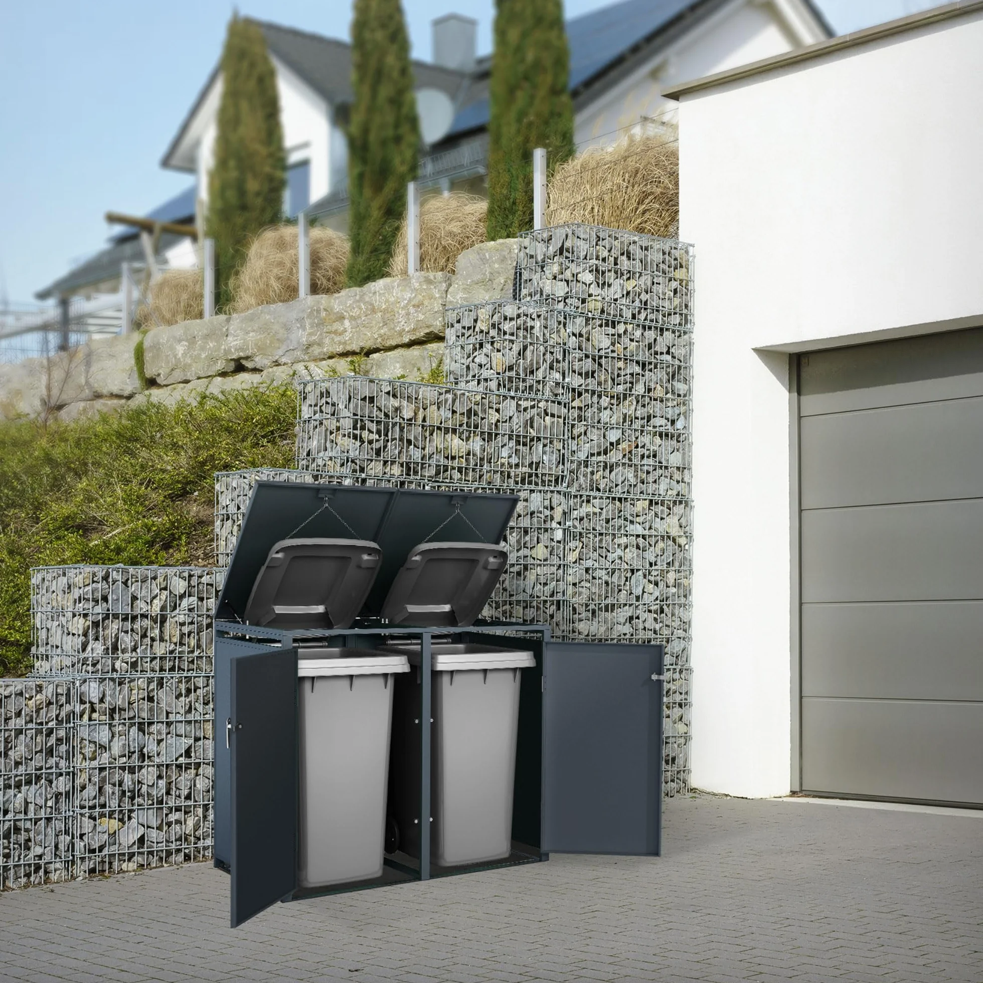 ML-Design Caseta de Acero para Jardín Exterior Cobertizo para 4 Cubos de Basura 240L Antracita 264x80x116,3 cm
