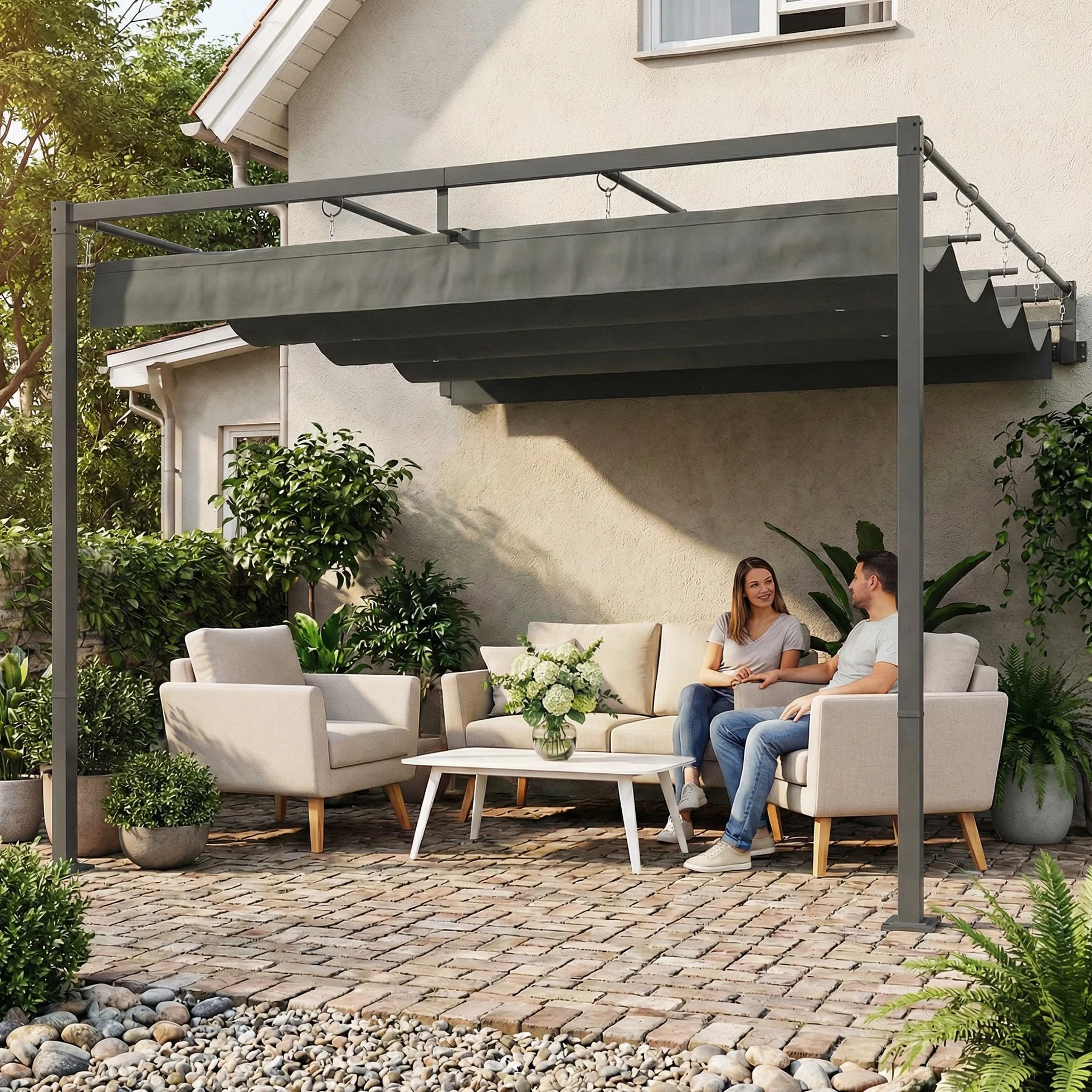 Outsunny Pérgola de Pared de Jardín 3x3 m, Cenador con Techo Retráctil, UPF30+, Estructura de Acero, Gris Oscuro