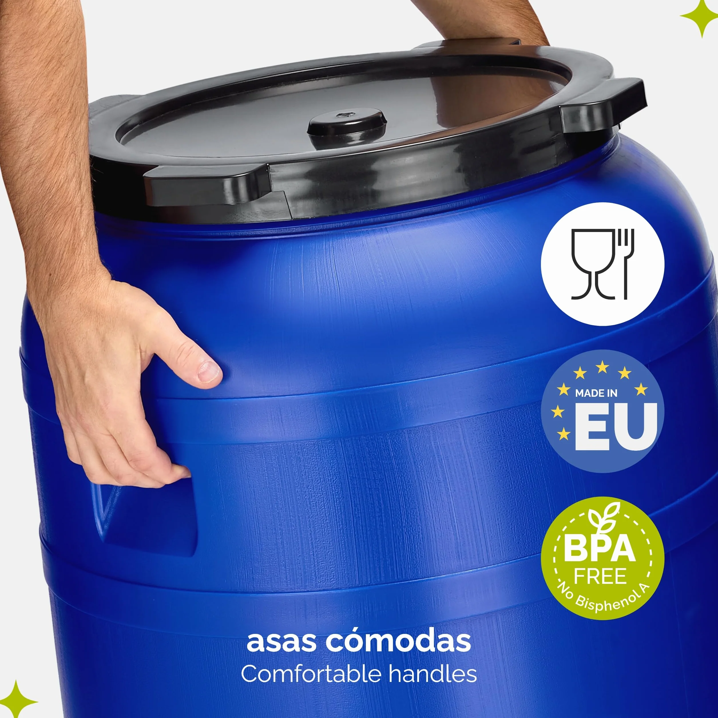 Garronda Barril de Boca Ancha 150 litros BPA-Libre con Grifo para Alimentos, Agua de Lluvia, Jardines Azul