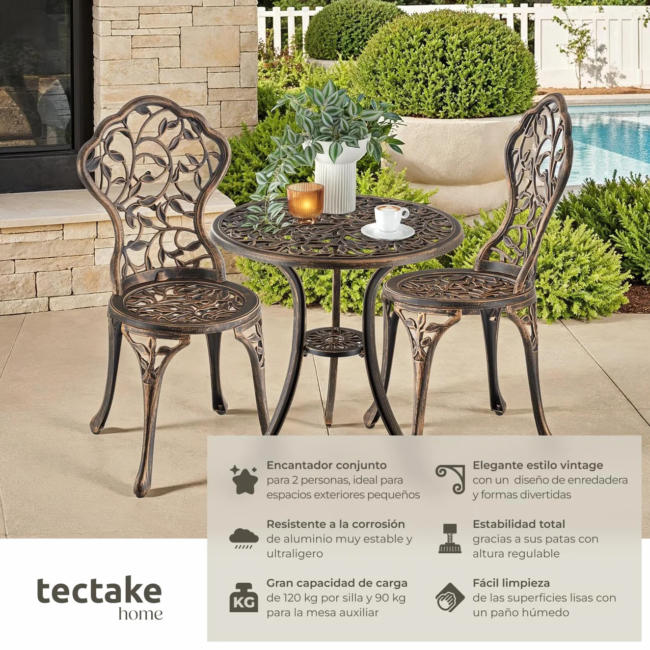 tectake® Juego de Bistró 3 Piezas, Sillas Jardín Exterior y Mesa Retro, Conjunto Terraza
