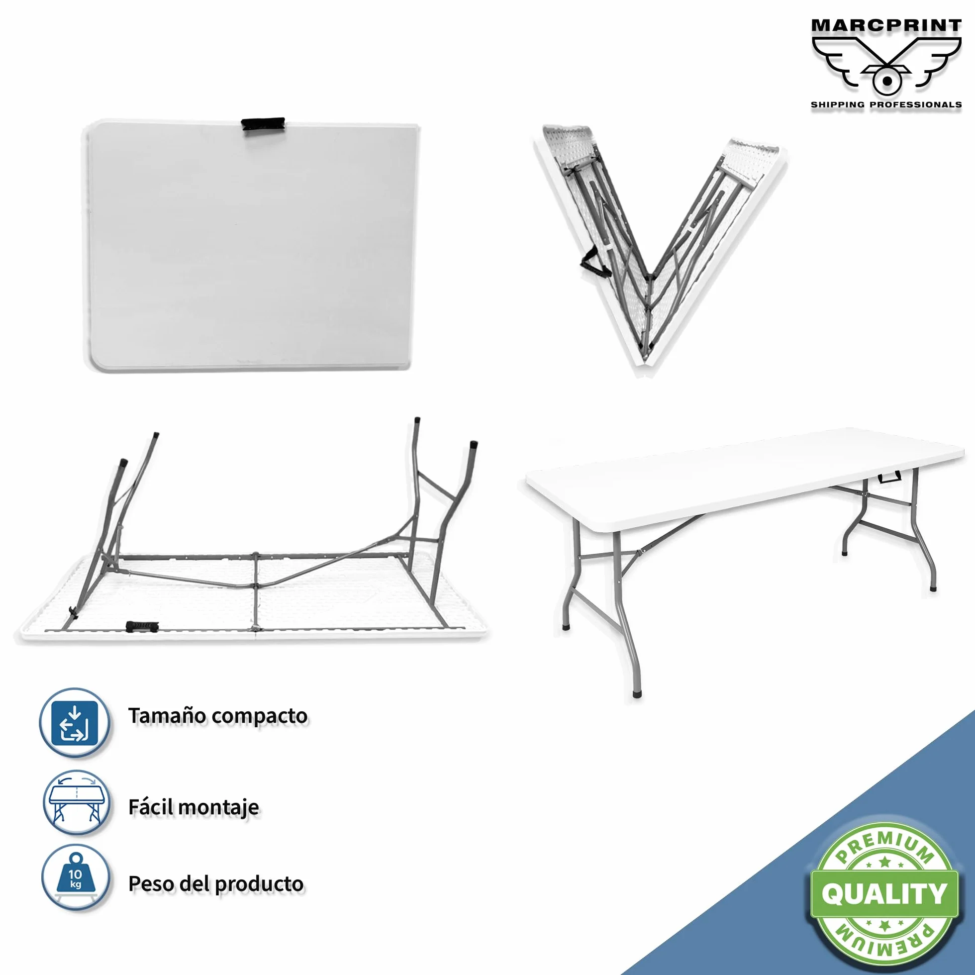 Mesa Plegable 180 x 70 cm Acero HDPE Blanco 150 kg para Camping Eventos Comedor
