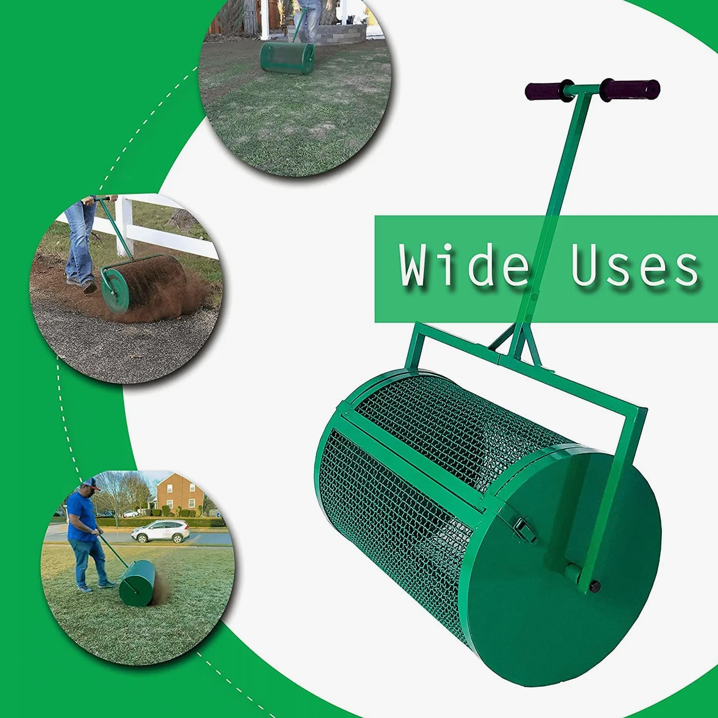 Esparcidor de compost de malla metálica resistente de 61 cm para césped y jardín, para fertilizantes de tierra vegetal y estiércol, diseño duradero para una aplicación eficiente en césped y jardín