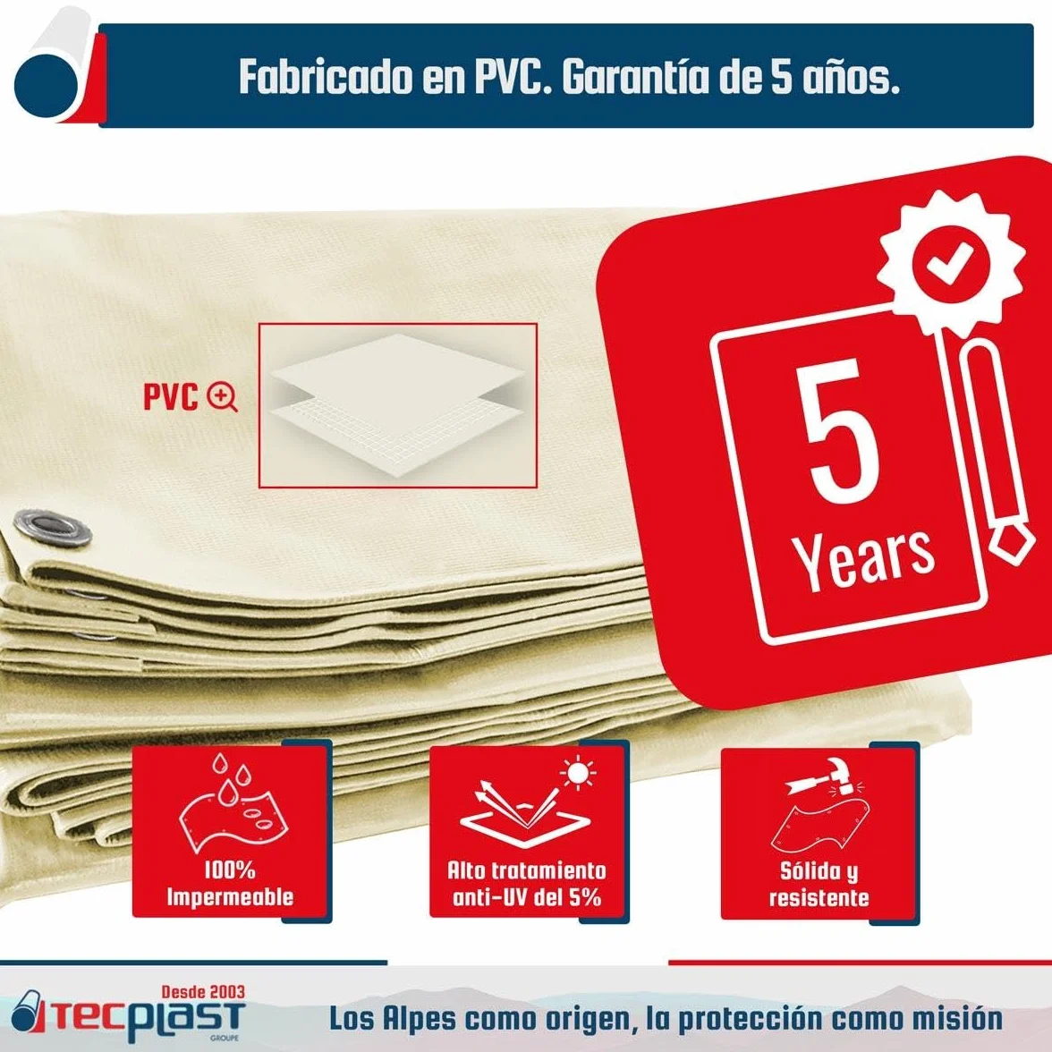 TECPLAST Lona Pérgola Blanco Crema 3x3 m PVC Impermeable LP506PR