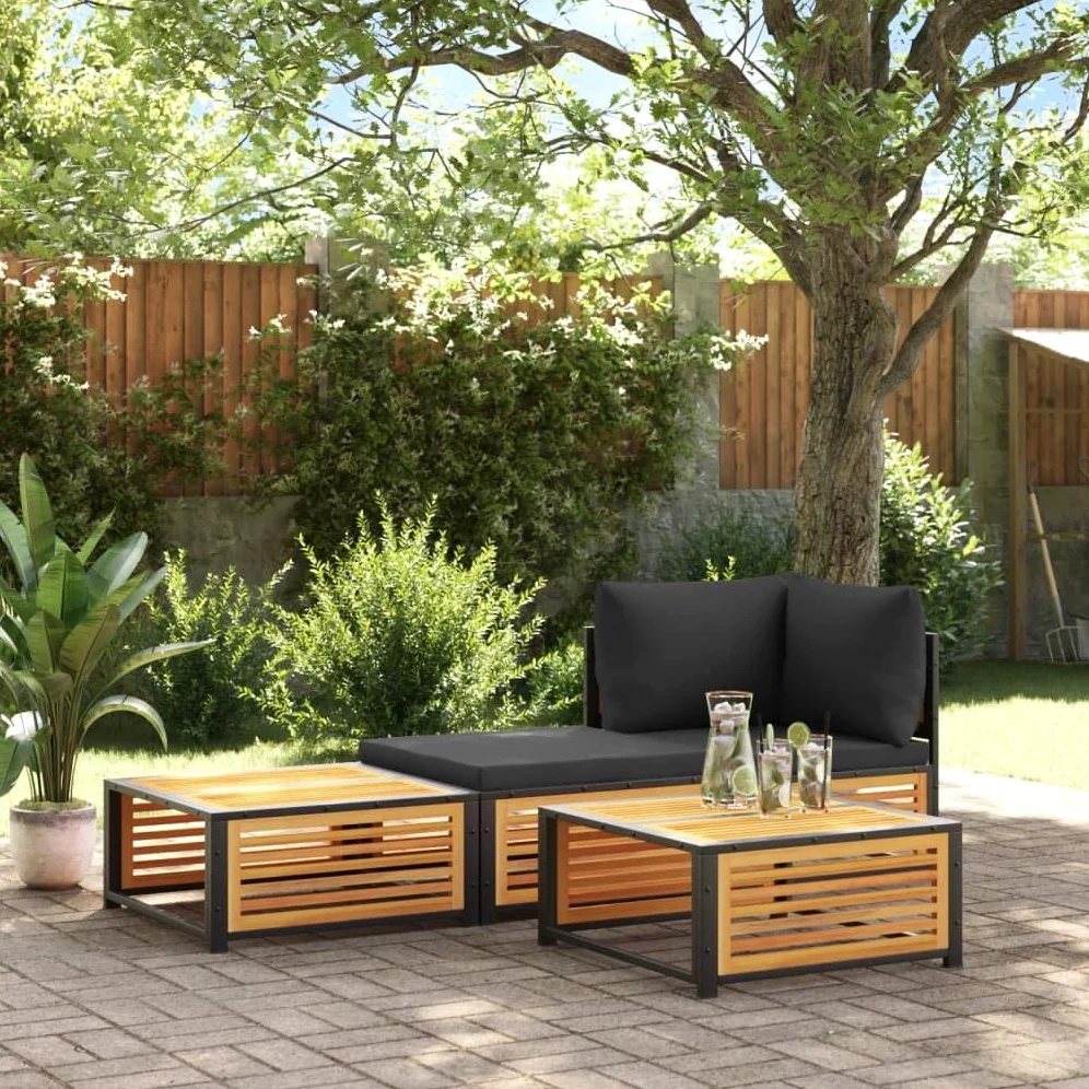 Mesa de jardín de madera maciza de acacia, 68 x 68 x 30 cm, con marco de acero pulverizado, resistente a la intemperie y estable, ideal para relajarse y sentarse en el exterior