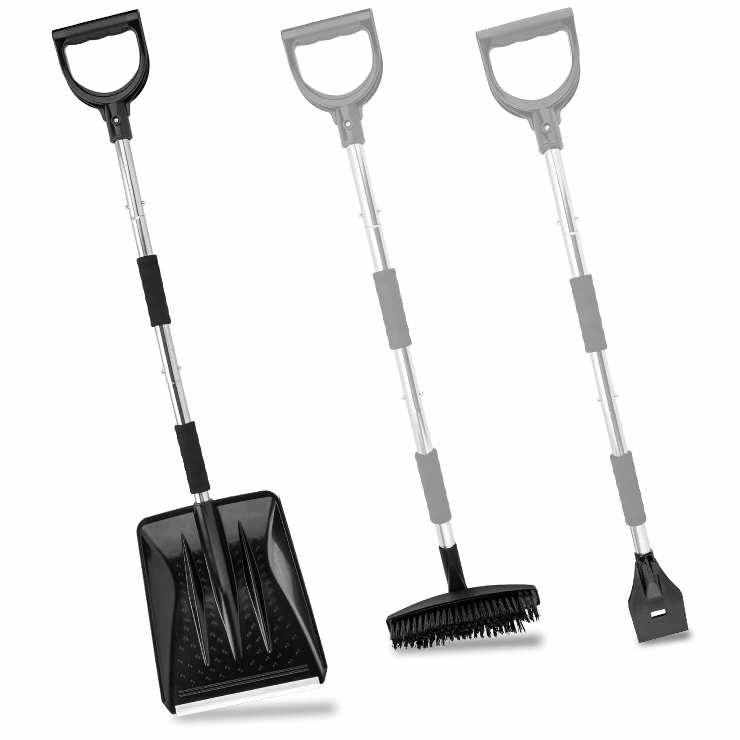 LESOLEIL 3 en 1 Pala de Nieve Plegable con Raspador de Hielo y Cepillo de Nieve, Mango de Acero Inoxidable, Negro