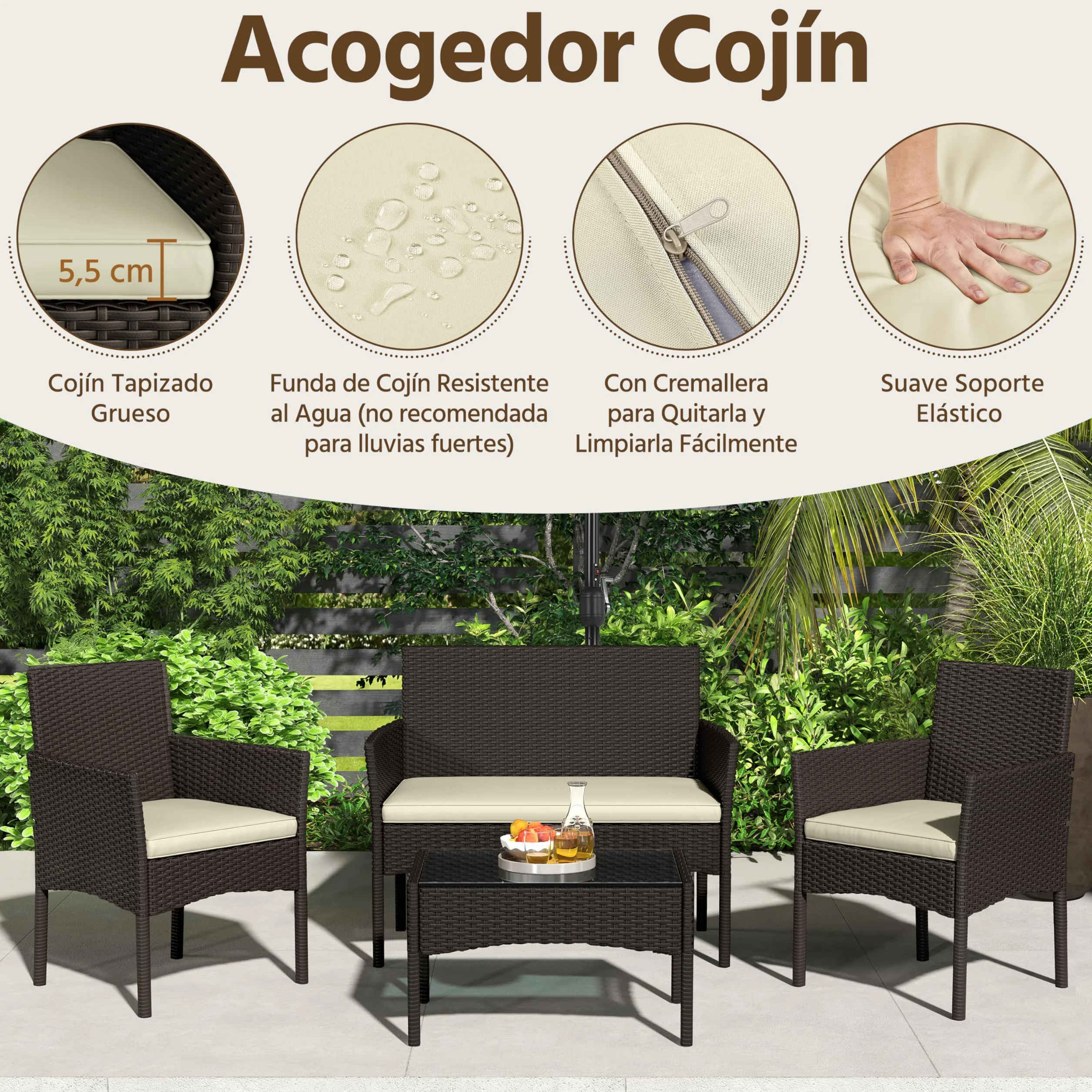Yaheetech Conjunto de Muebles Ratán de Jardín 4 Piezas con Cojines y Mesa de Vidrio Marrón Beige