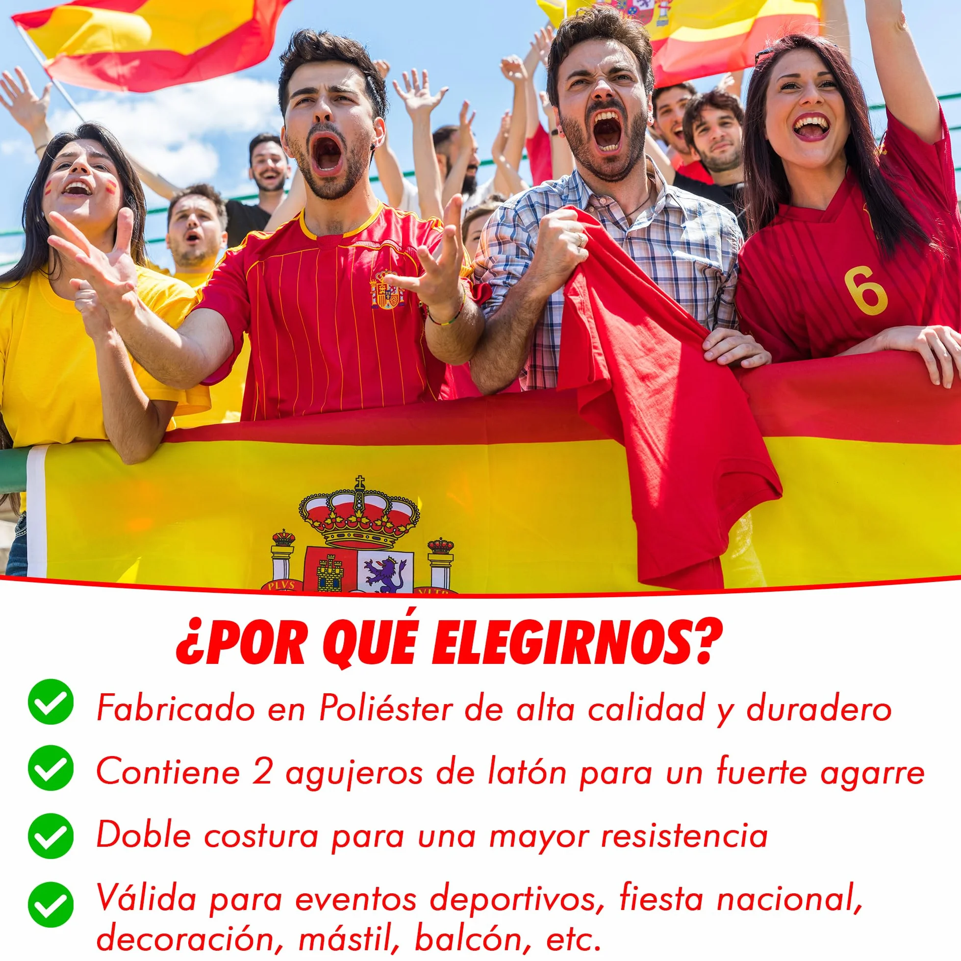 Bandera de España Grande 90x150 cm + Pulsera España | Auténtica Bandera Española para Exterior con 2 Ojales de Latón
