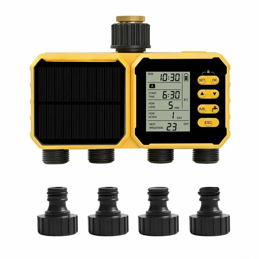 Controlador solar de riego de 4 canales, temporizador de riego de jardín, material de latón con sensor de lluvia y respaldo USB, para automatización de invernadero de césped, cama de flores, vegetales