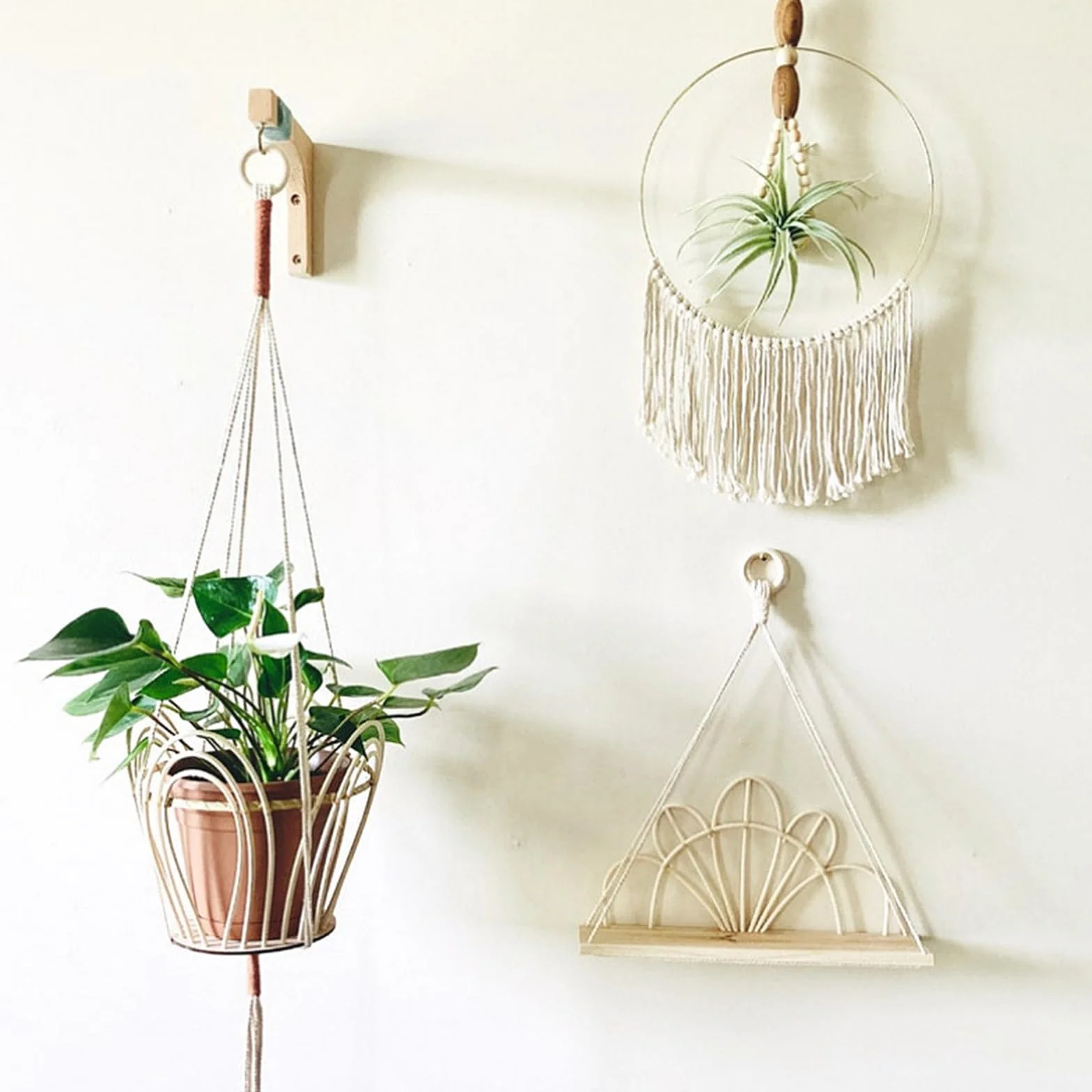 Ganchos Colgantes de Madera para Plantas, Decorativos de Pared, Soportes para Macetas, Campanillas de Viento, Comederos para Pájaros (Negro)