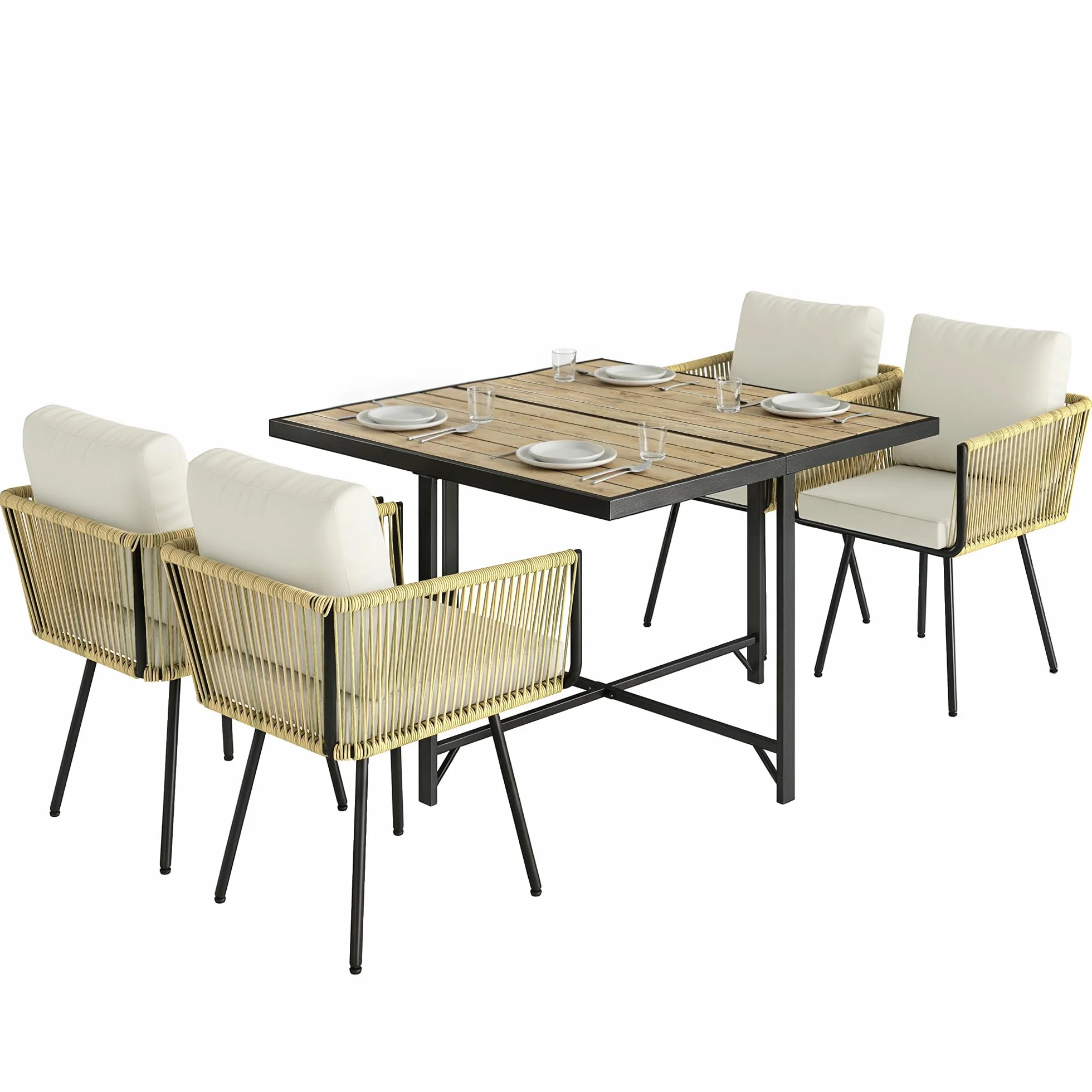 Outsunny Conjunto de Mesa y Sillas Jardín de Ratán de 5 Piezas, Muebles Jardín Exterior con Mesa de Plástico-Madera y 4 Sillas con Cojines Extraíbles, Marco de Metal Resistente para Terraza, Beige