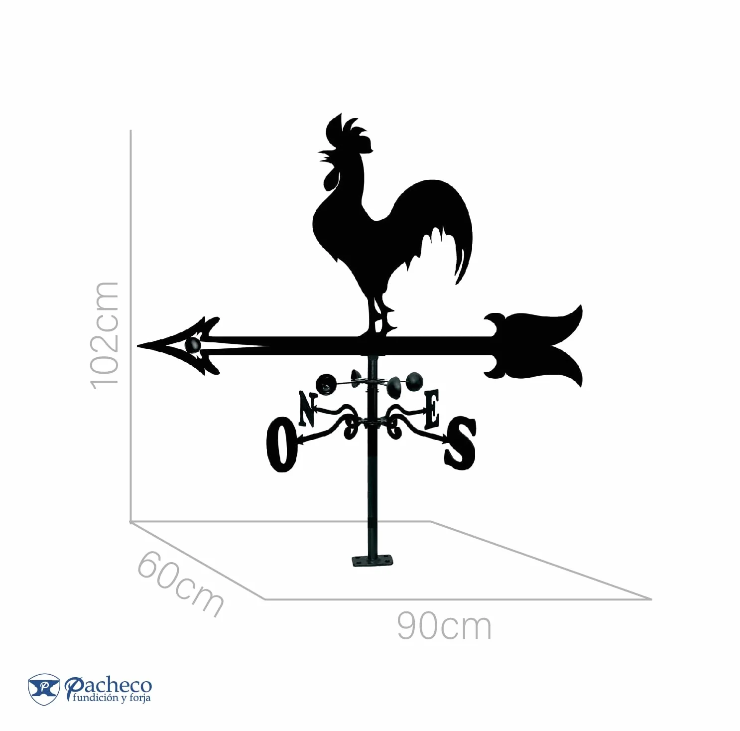 Veleta de Viento de Hierro para Tejado Gallo Negro Mate 90x57x100,5 cm