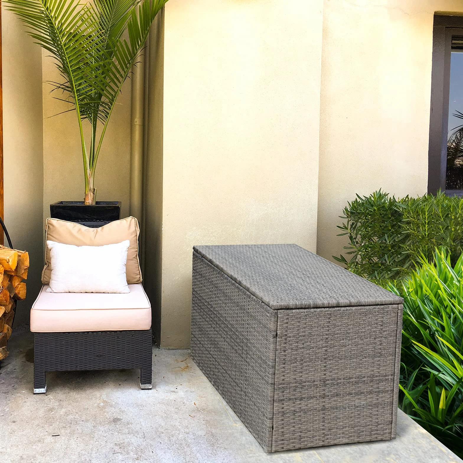 KOMFOTTEU Baúl de Almacenamiento Exterior de Ratán 330 L, 115 x 60 x 65 cm, Gris