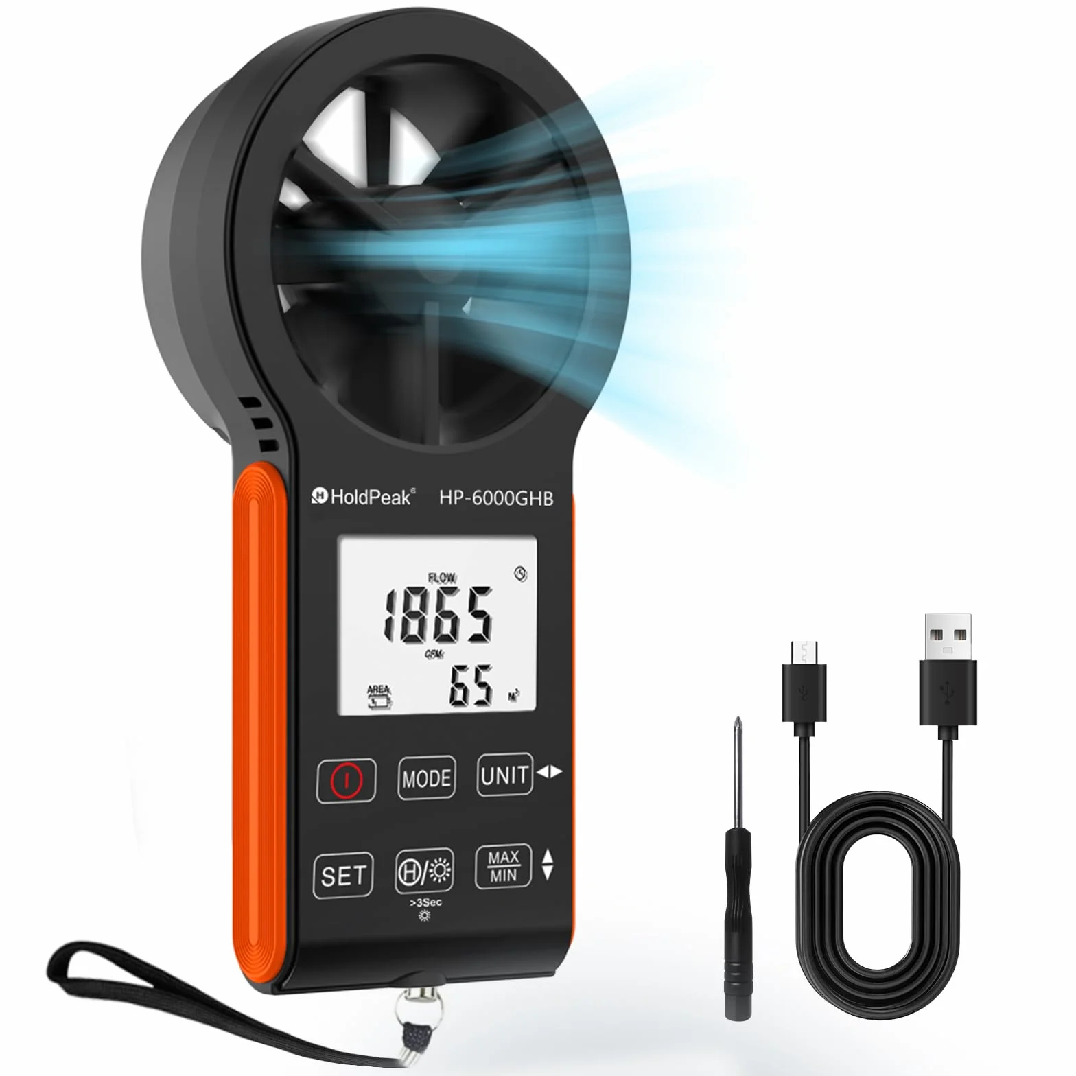 HOLDPEAK HP-6000GHB Anemómetro digital medidor velocidad viento flujo aire temperatura Max/min retroiluminación USB-C resistente agua
