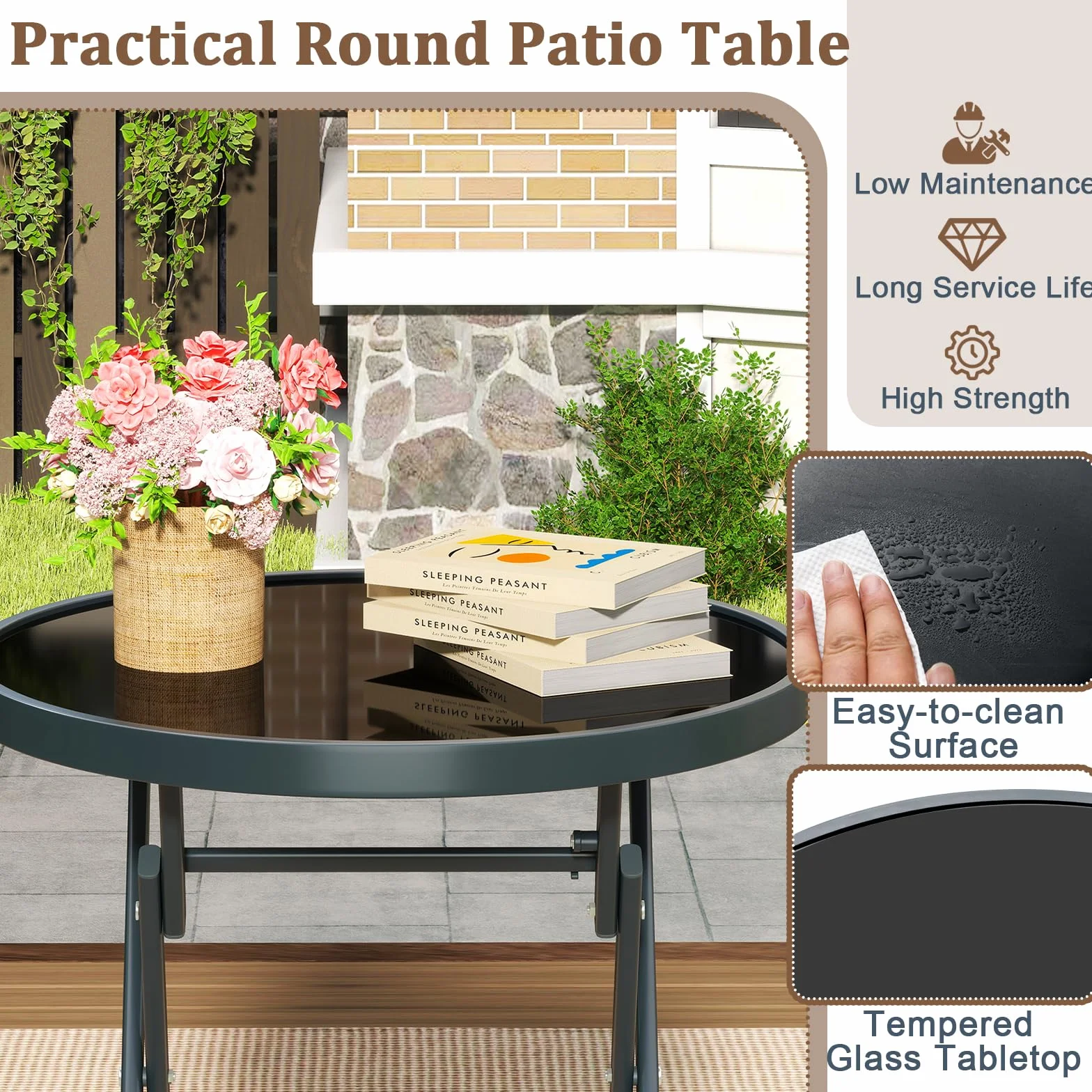KOMFOTTEU Juego de Bistró 3 Piezas Plegables, Conjunto de Jardín Textileno, Mesa de Vidrio Templado y 2 Sillas