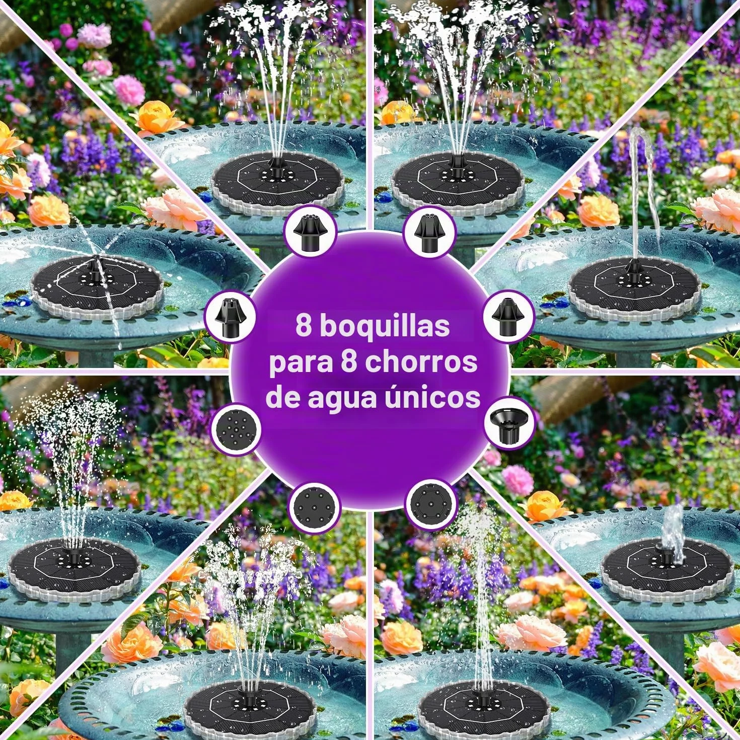 SZMP Fuente Solar Jardín Exterior 32 LED Coloridos Bomba Agua 3.5W 2000mAh Batería 8 Boquillas