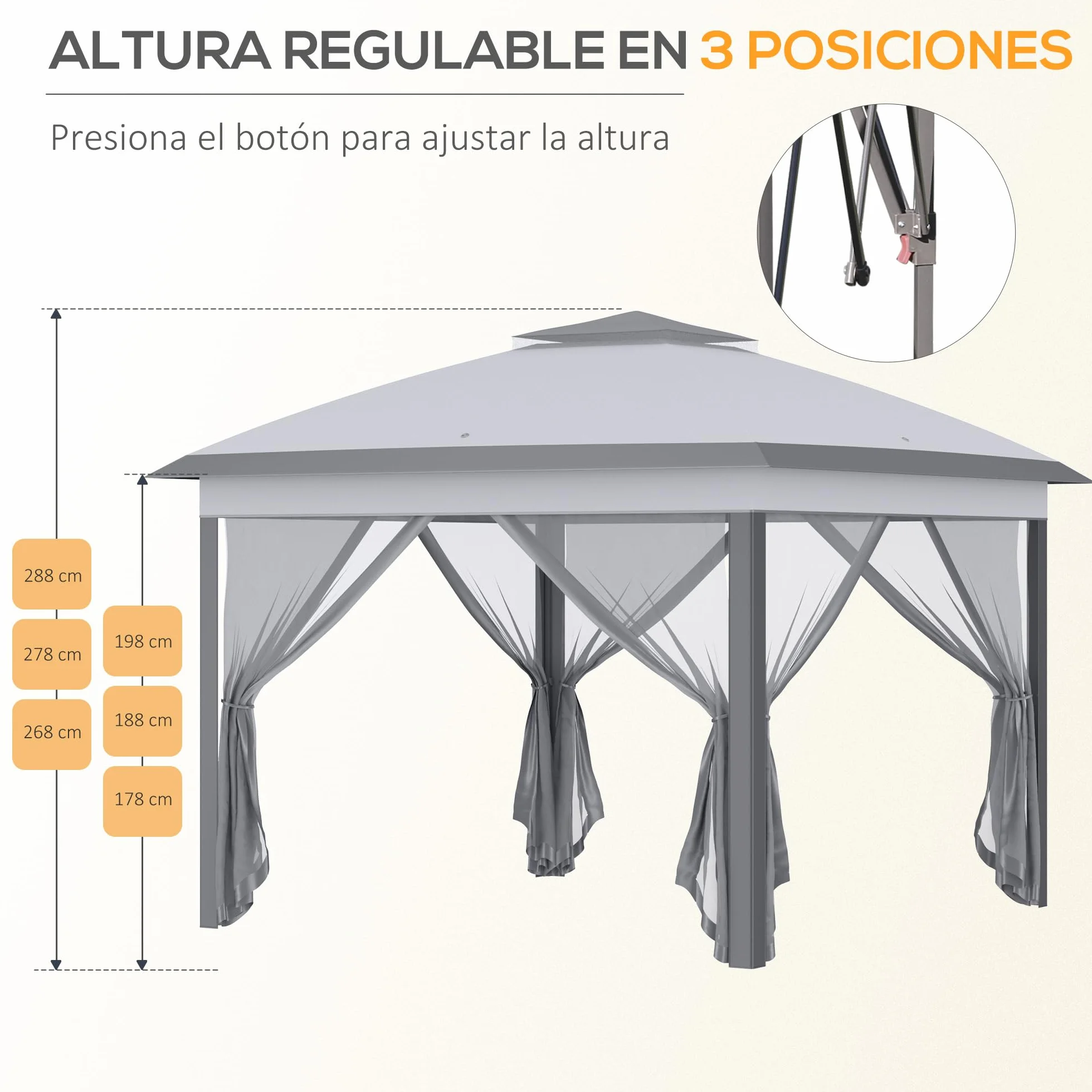 Outsunny Carpa Plegable 3,3x3,3 m Cenador de Jardín con Altura Ajustable en 3 Niveles Doble Techo 4 Mosquiteras Extraíbles y Bolsa de Transporte Impermeable Anti-UV Gazebo para Exterior Fiestas Gris