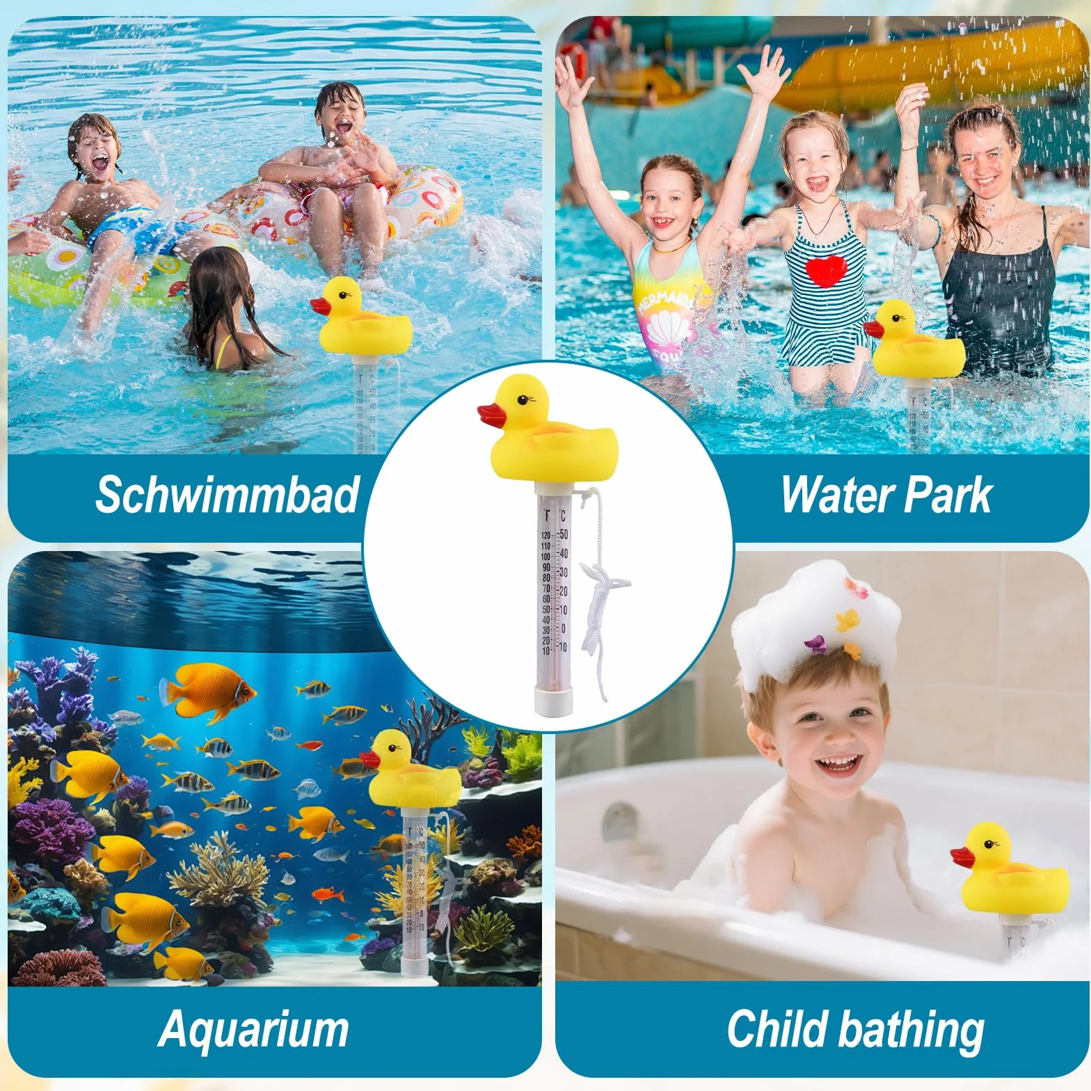 Termómetro Piscina Flotante Forma de Animal Pato con Cuerda Antiderrame Exterior