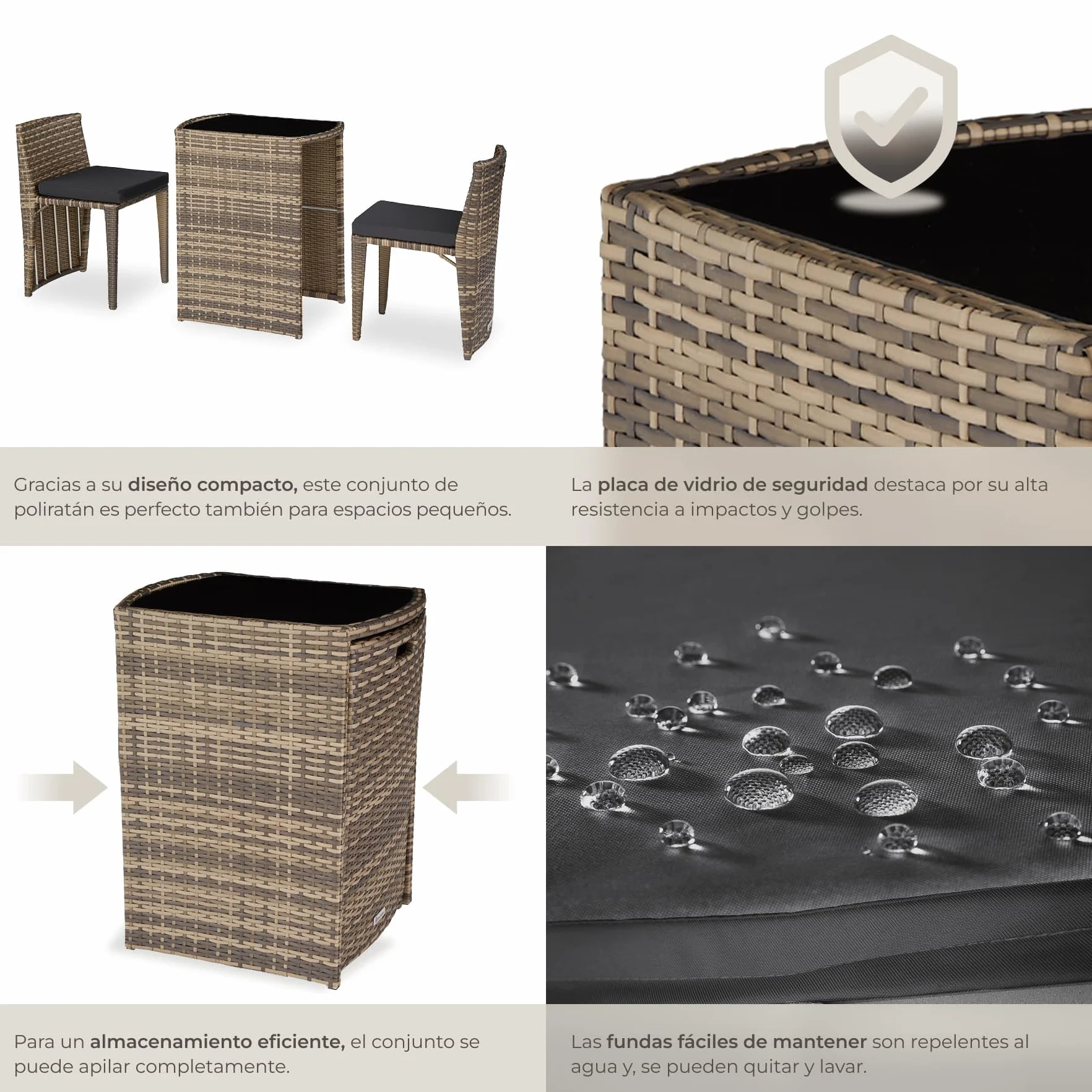 Tectake Conjunto Jardín Exterior Ratán Aluminio 2 Sillas Cojines Mesa Cristal Natural