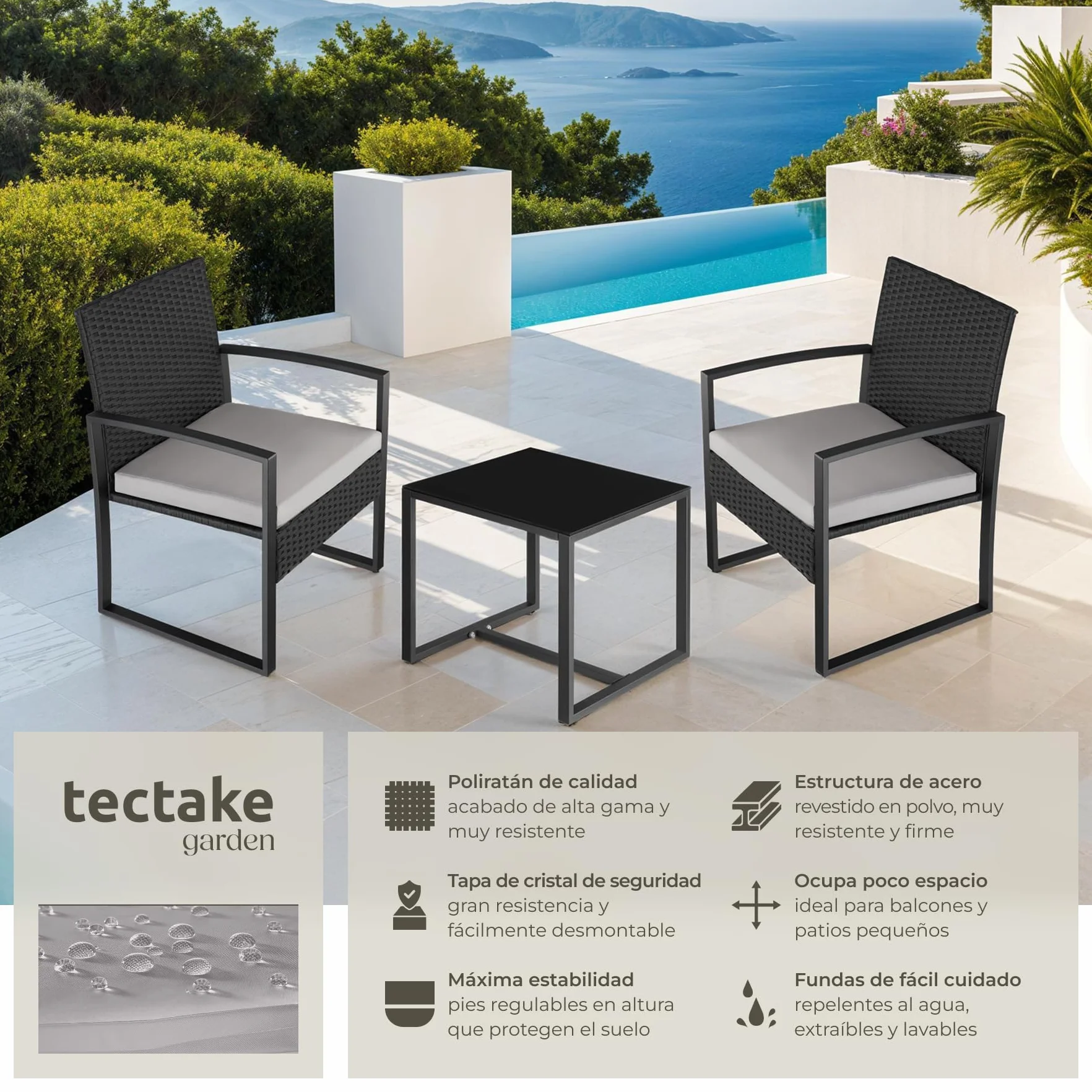 TecTake® Conjunto Jardín Exterior para 2 Personas, Muebles de Jardin 2 Sillas Ratán con Cojines y Mesa Terraza con Tablero Vidrio de Seguridad, Fundas Extraíbles, Robusto y Resistente a la Intemperie