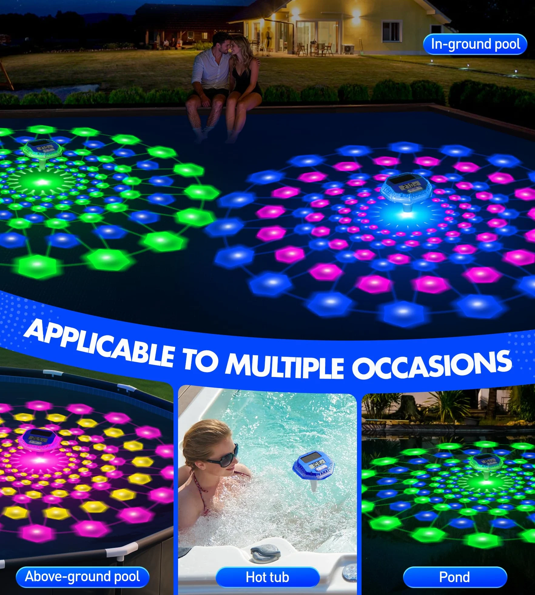 LuxBlue Termómetro Piscina Flotante IP68, Pantalla LCD, Luz Subacuática