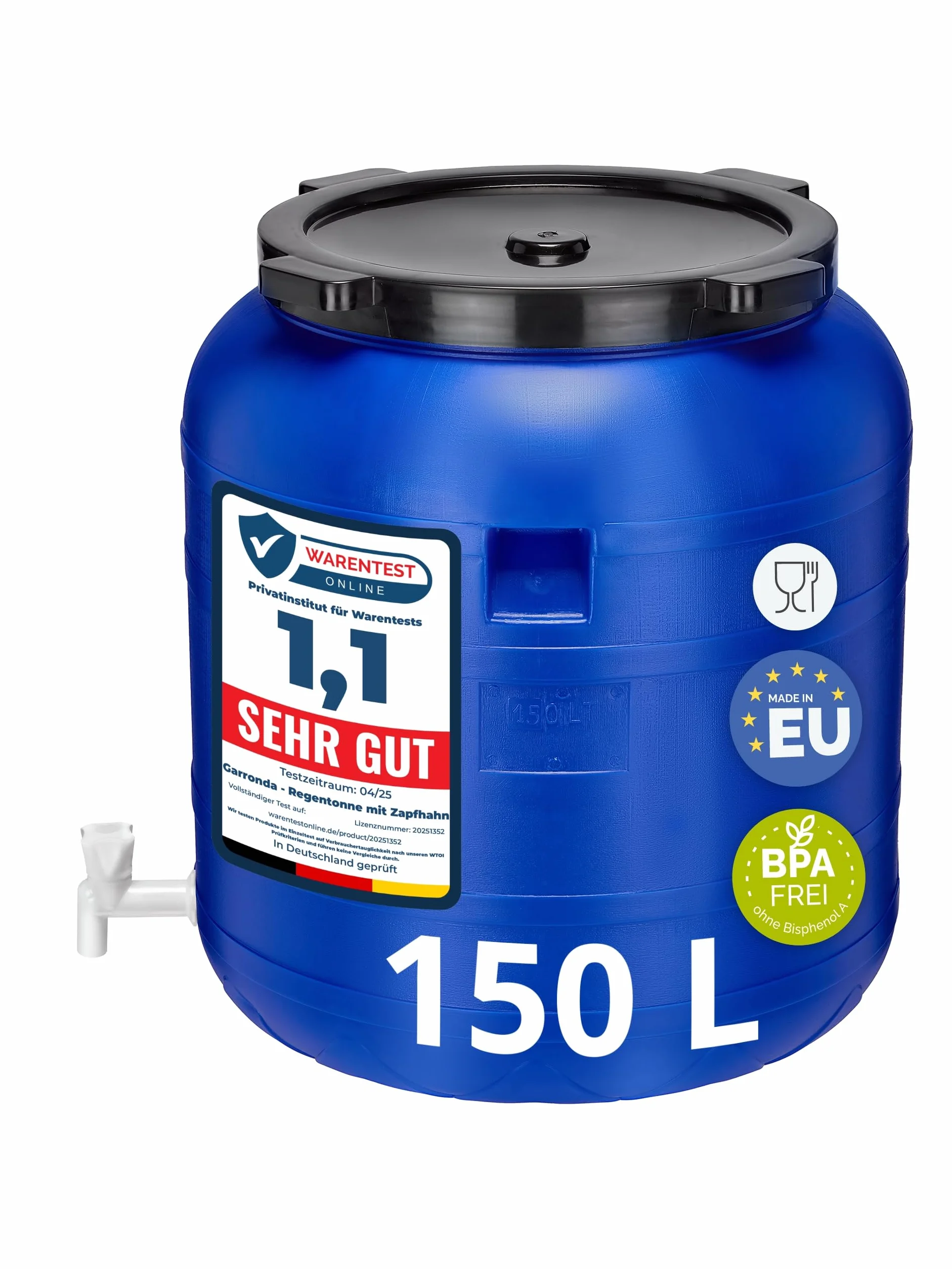 Garronda Barril de Boca Ancha 150 litros BPA-Libre con Grifo para Alimentos, Agua de Lluvia, Jardines Azul