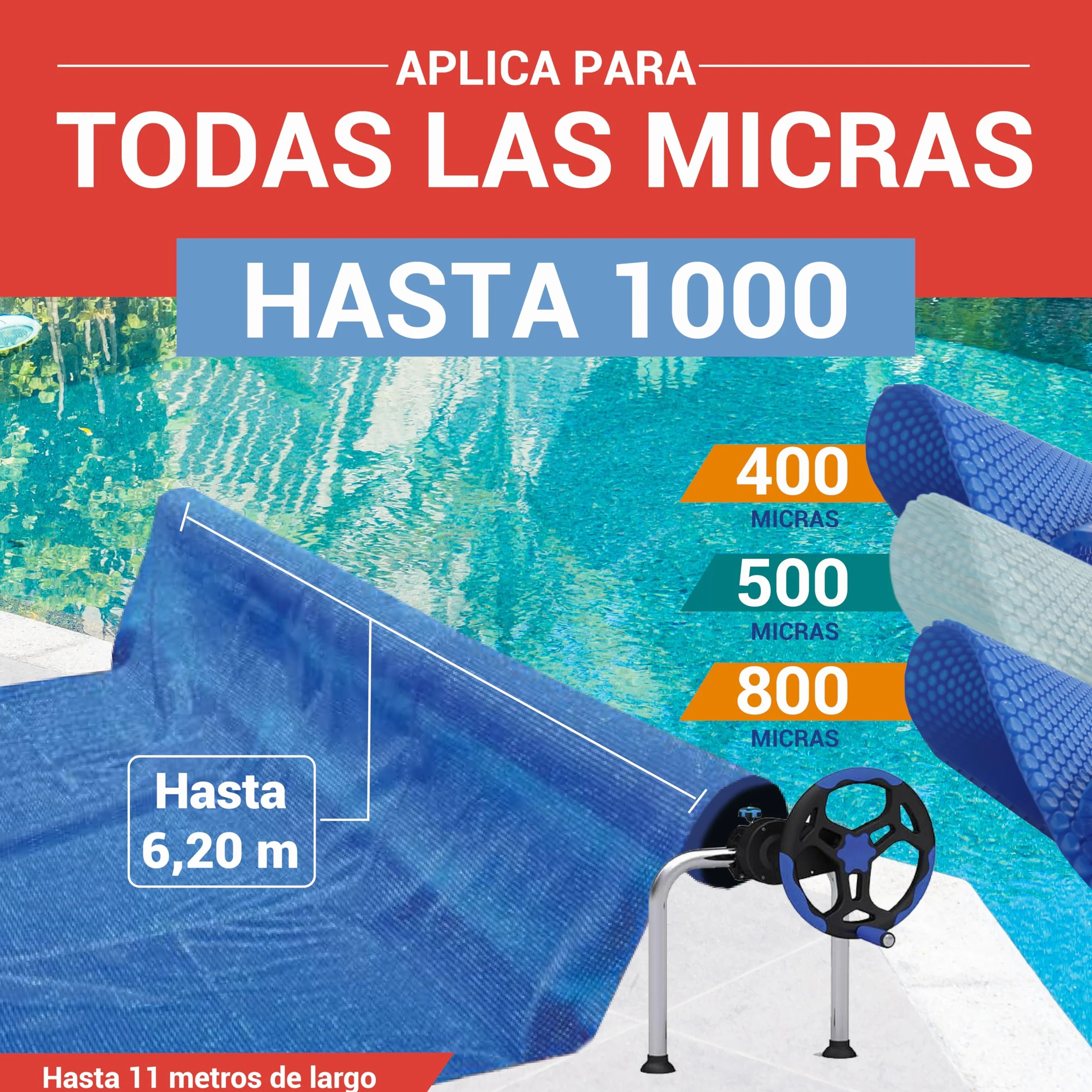 Piscihogar Enrollador Manta Piscina Thermal Lux 6.2 hasta 1000 micras Tubos centrales Extensibles 6,2 m