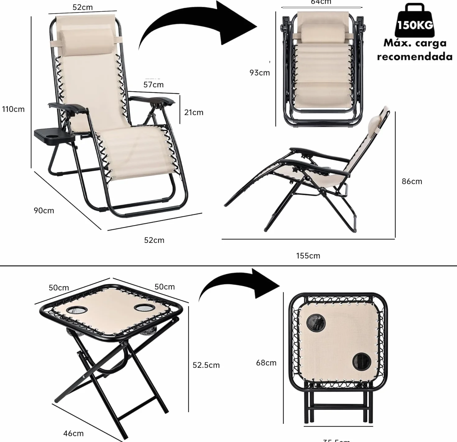 Pack 2 Tumbonas Plegables Reclinables Exterior Gravedad Zero Acero Ligero Portavasos Beige