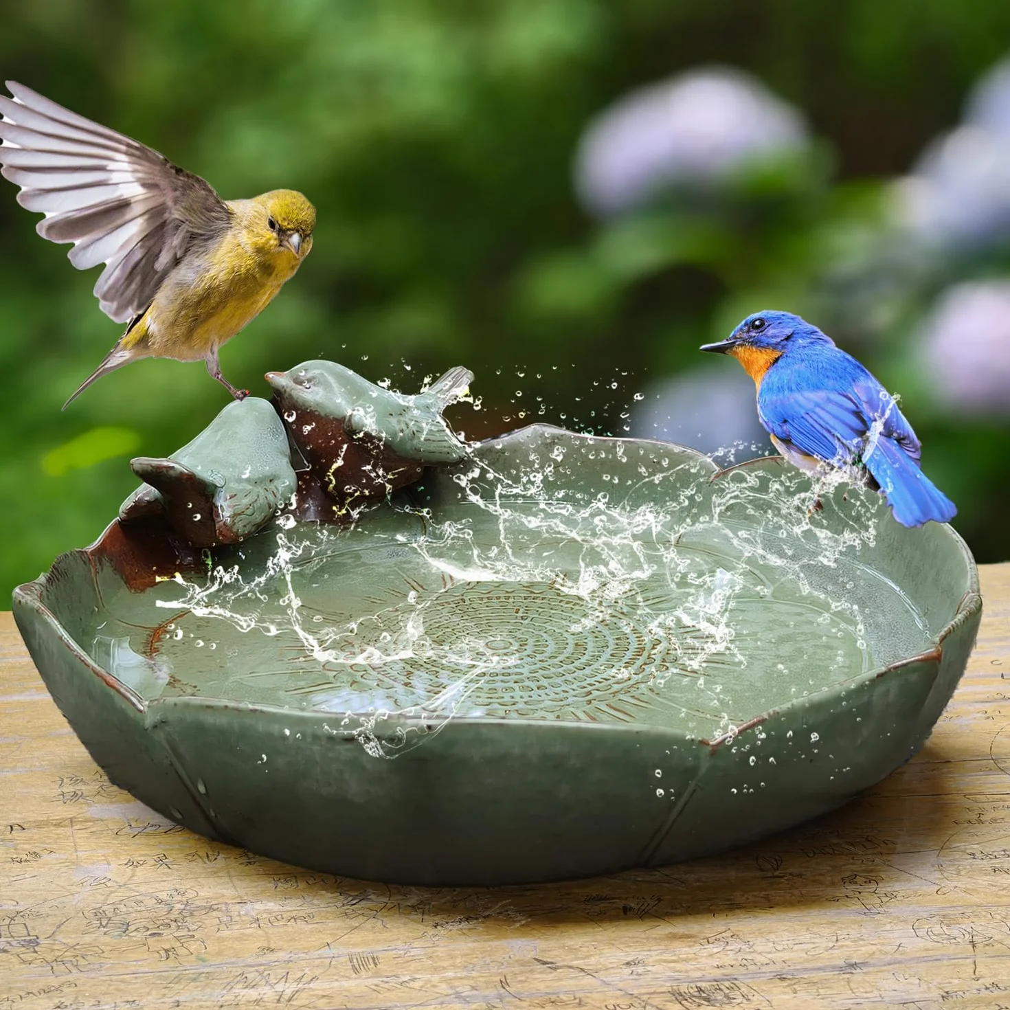 Baño de cerámica para pájaros para exteriores en el suelo, cuenco de baño para pájaros de 9.45 pulgadas, comederos de pájaros y baño para pájaros para exteriores, jardín, mesa, cubierta