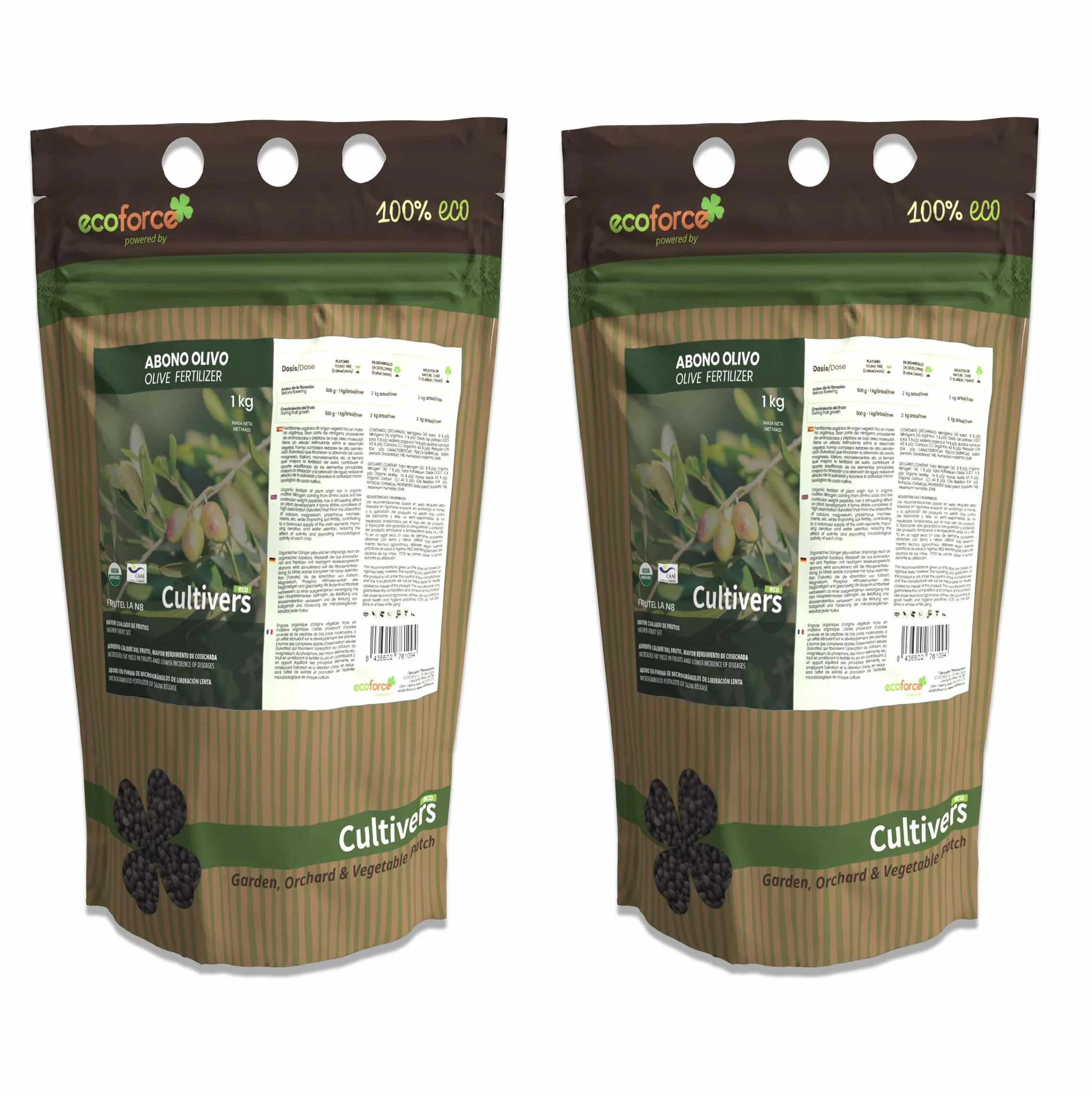CULTIVERS Abono Ecológico 2x1kg Fertilizante Orgánico Vegano para Olivo y Plantas Mediterráneas