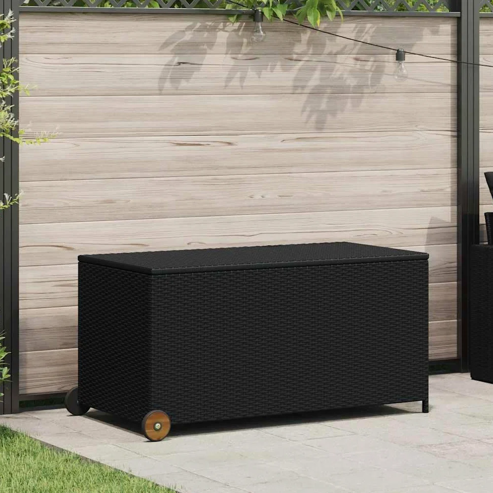 Caja acolchada negra de 120 x 65 x 61 cm, de ratán sintético resistente a la intemperie, con mango de madera, bolsillo interior impermeable y 2 ruedas para guardar almohadas y mantas