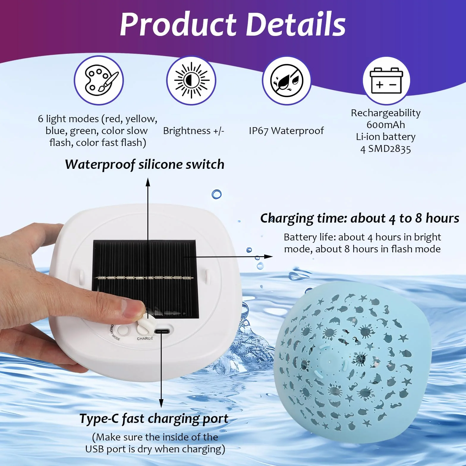Longzhuo Iluminación solar para piscina flotante USB bajo el agua con mando a distancia