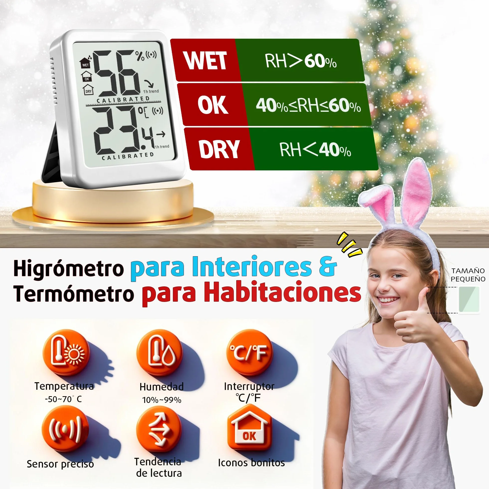 Termómetro Digital Higrómetro para Hogar, Medidor Temperatura Humedad con Batería