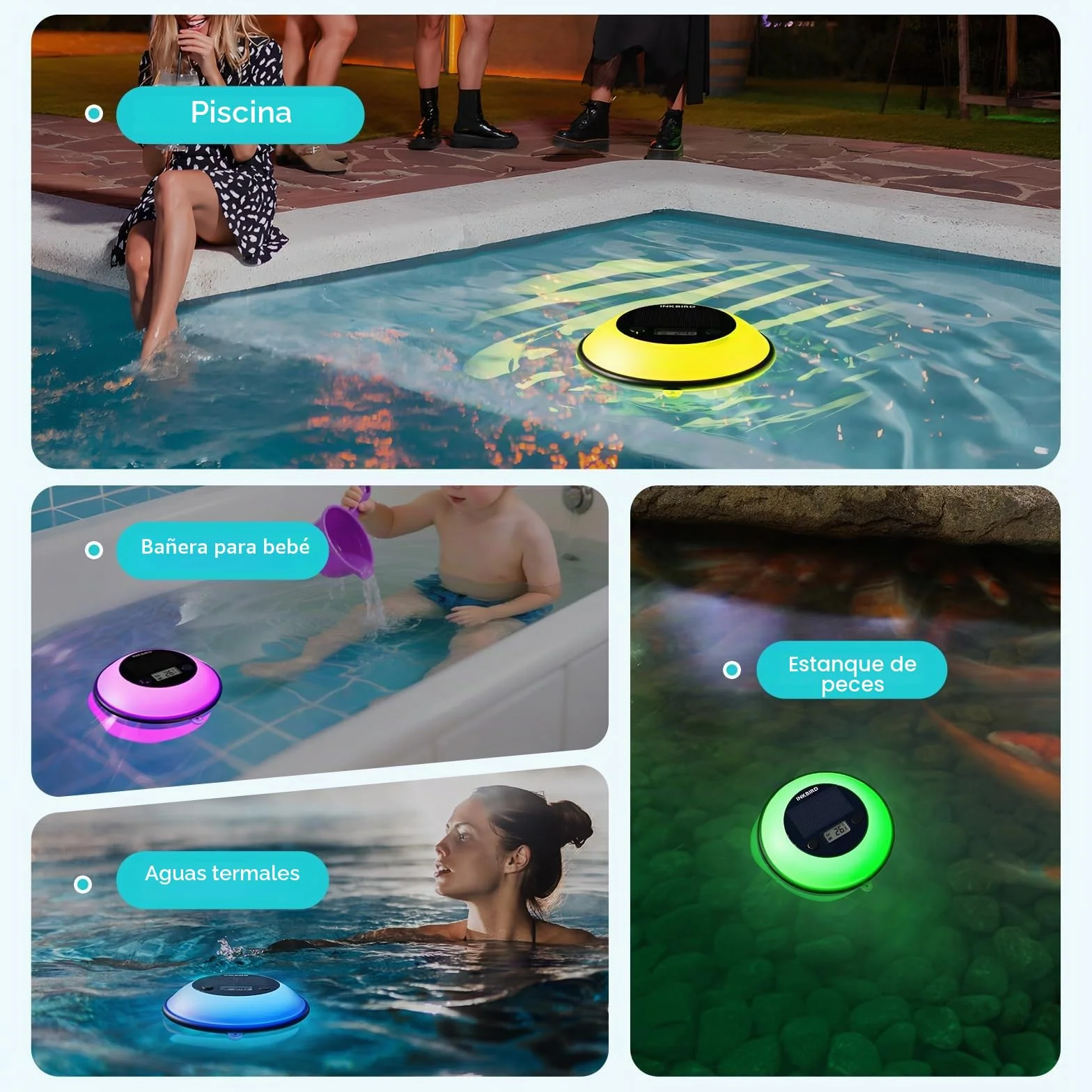 Inkbird IBS-P05R Termómetro Piscina Solar con 7 Luz Colorida, IP68, Sensor Automático, Mando a Distancia