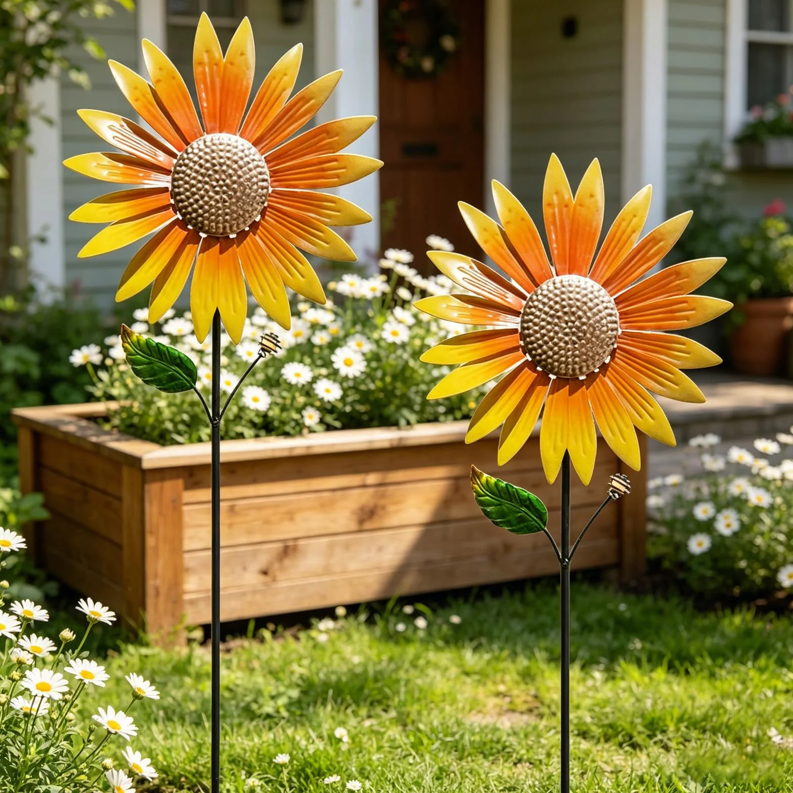 Molino de Viento de Girasol, 2 Piezas, Metal, Adornos de Jardín, Estacas Decorativas