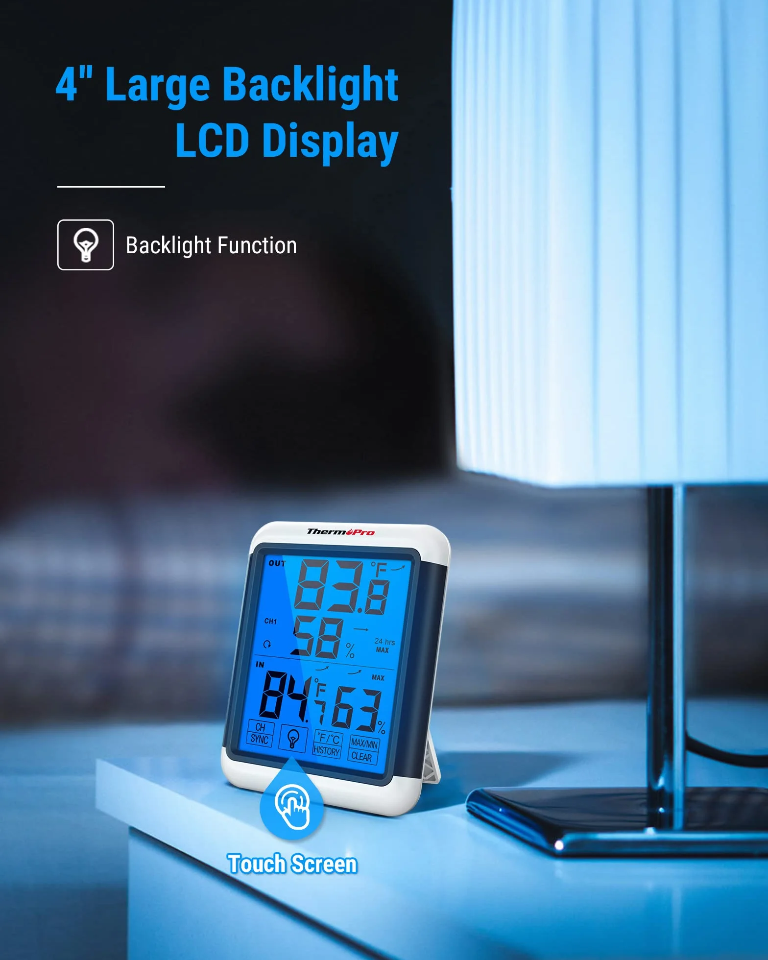 ThermoPro TP65 Termómetro Higrómetro Digital Interior Exterior Inalámbrico Pantalla Táctil Retroiluminación